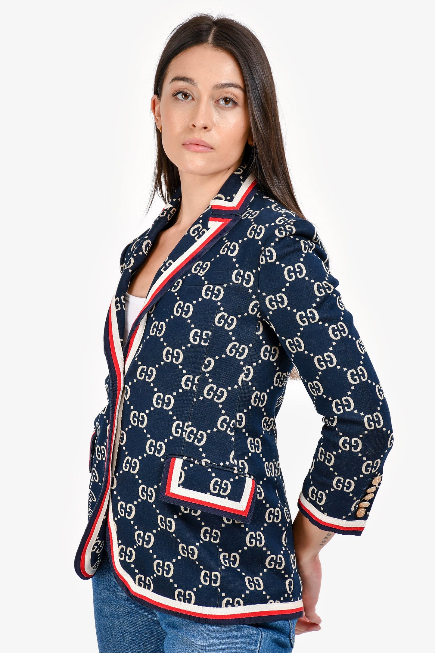 Gucci Navy Blue Jacquard GG Web Blazer Size XXS