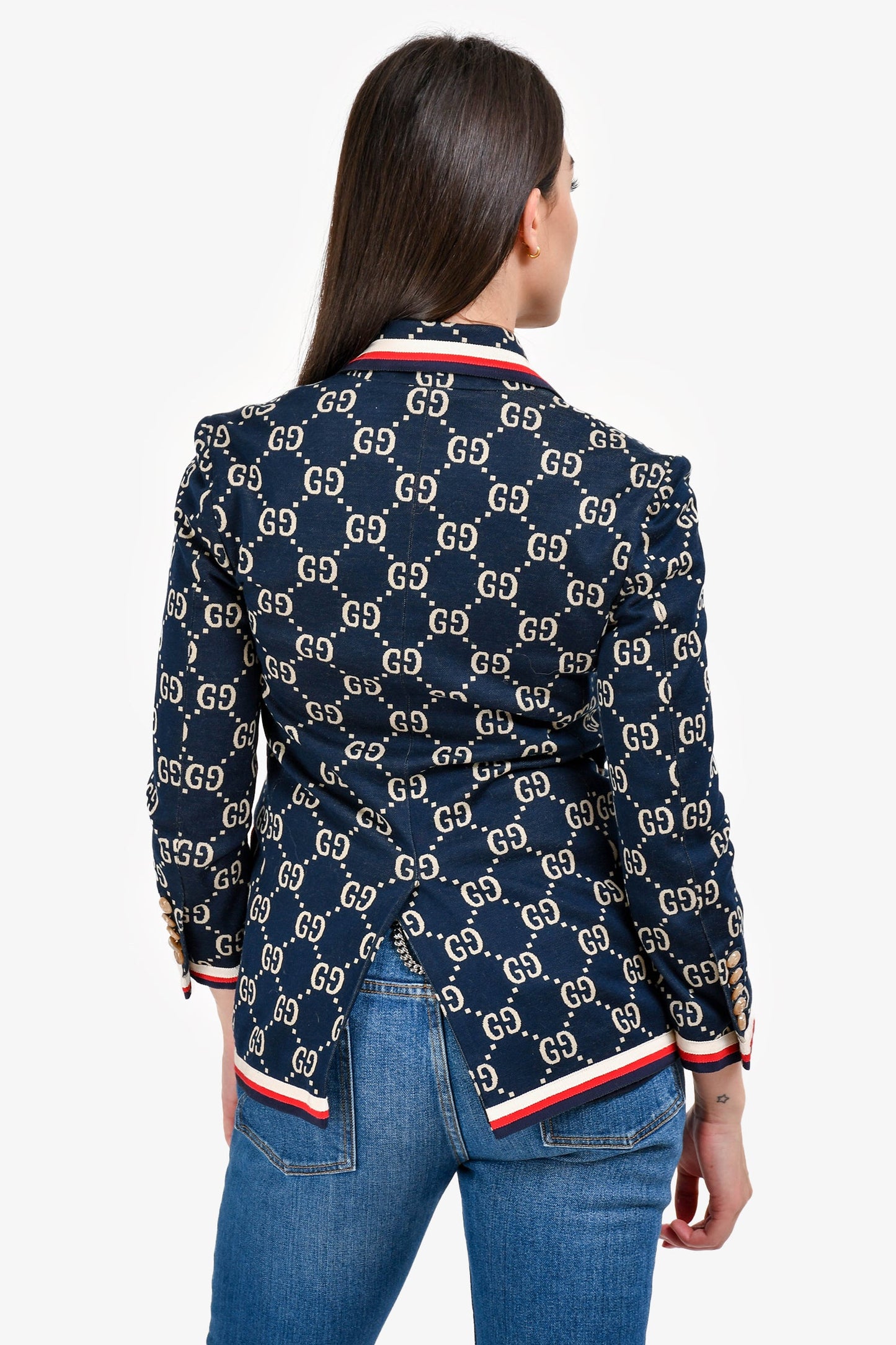 Gucci Navy Blue Jacquard GG Web Blazer Size XXS