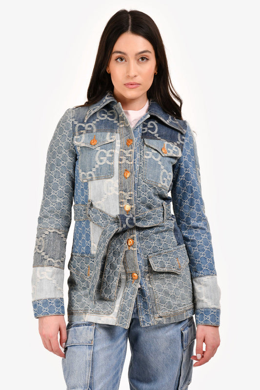 Gucci Blue GG Patchwork Denim Jacket with Waist Belt Size 36