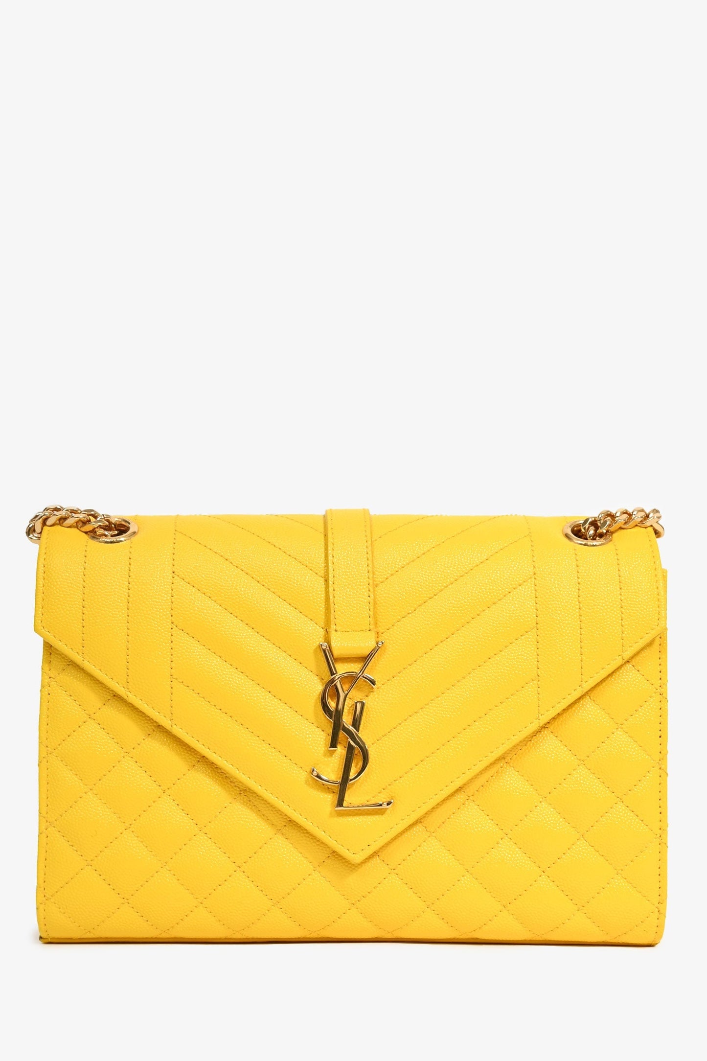 Saint Laurent 2016 Yellow Leather Tri-Quilted Envelope Chain Medium Shoulder Bag