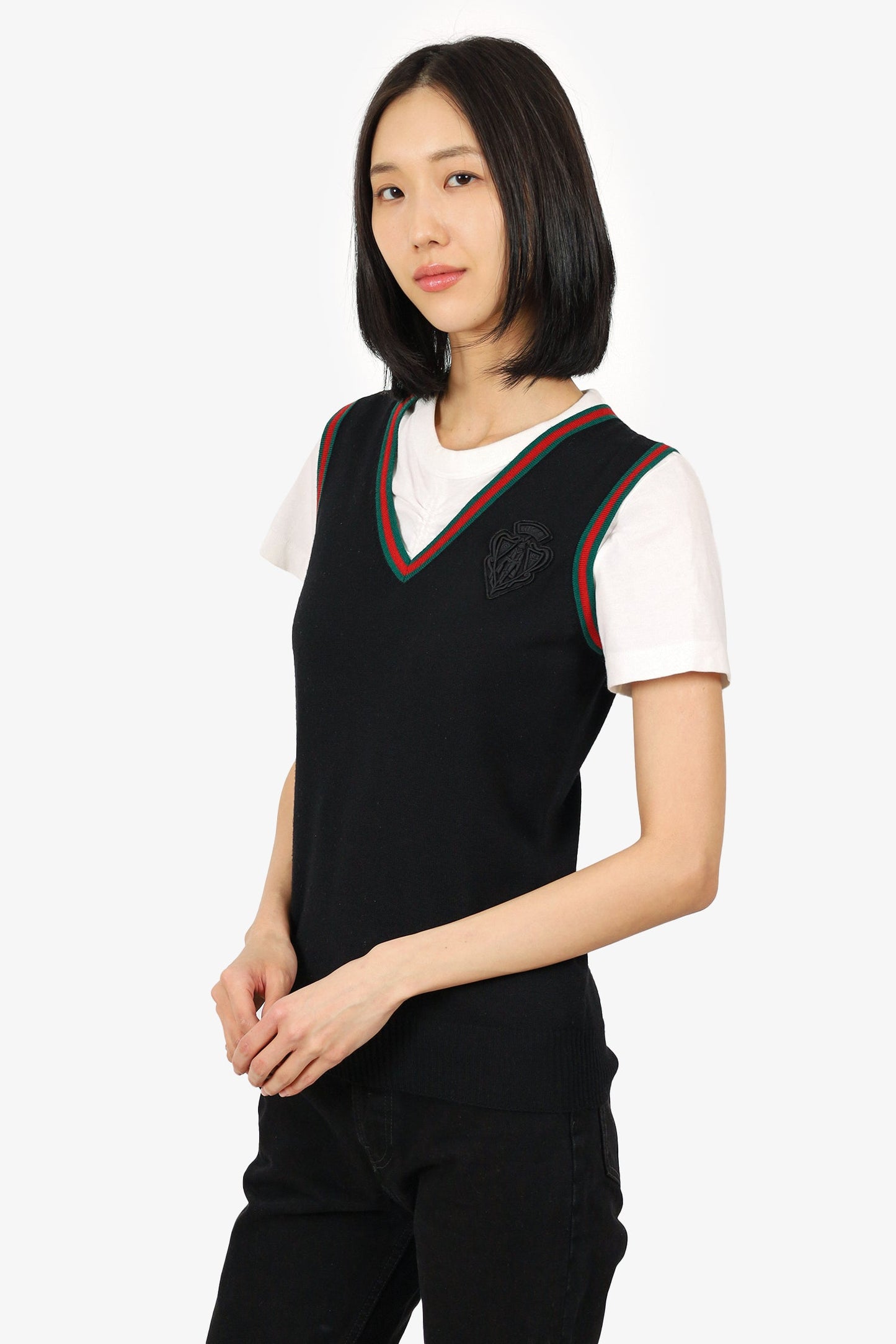 Gucci Black/Web Wool V-Neck Gucci Badge Vest Size Small