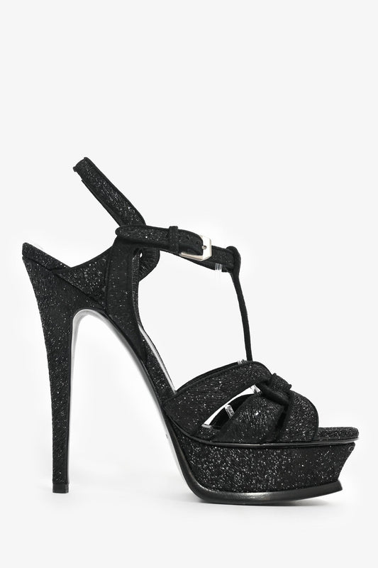 Saint Laurent Black Shimmer Fabric Platform Tribute Heels Size 38