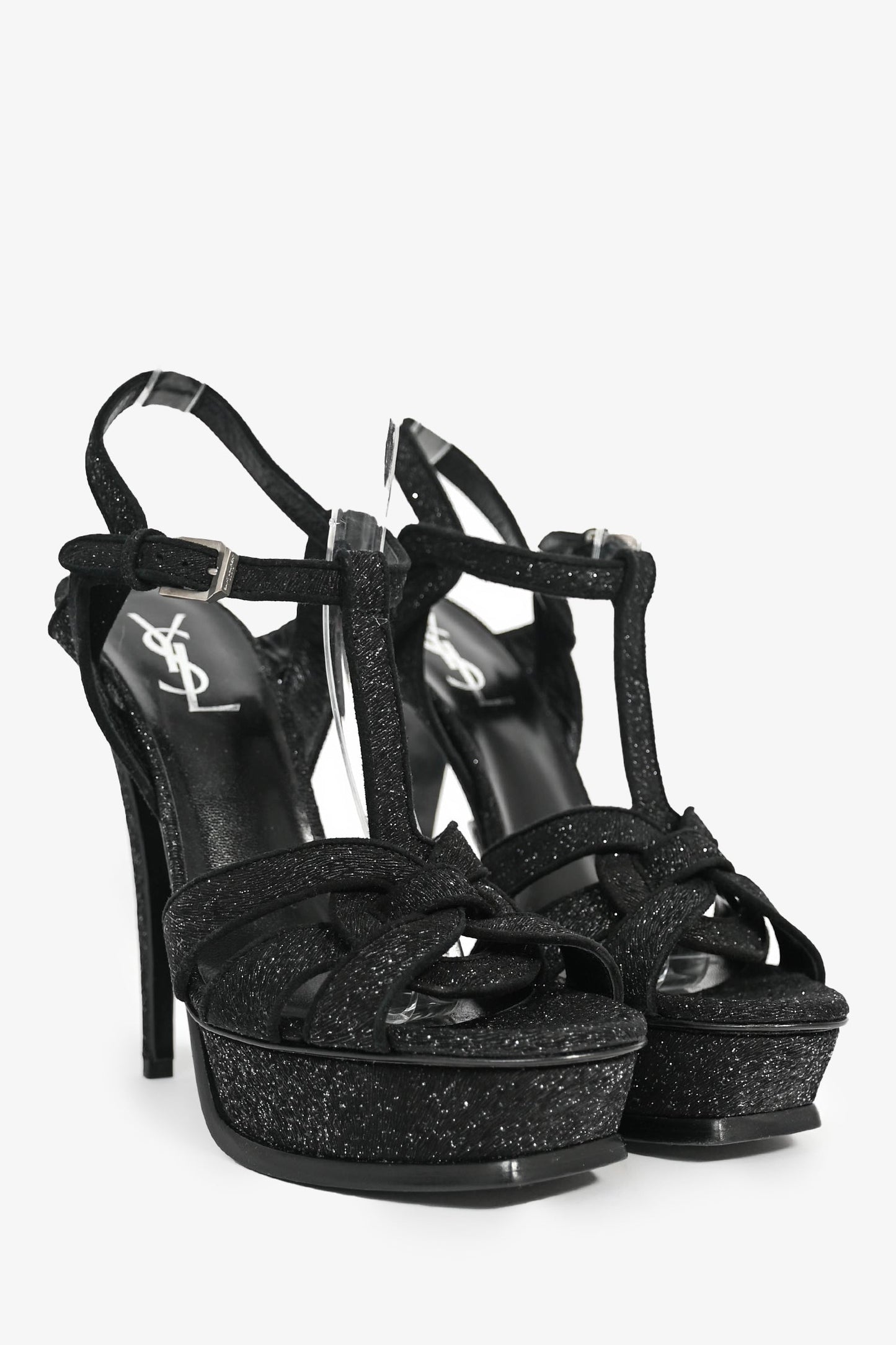 Saint Laurent Black Shimmer Fabric Platform Tribute Heels Size 38
