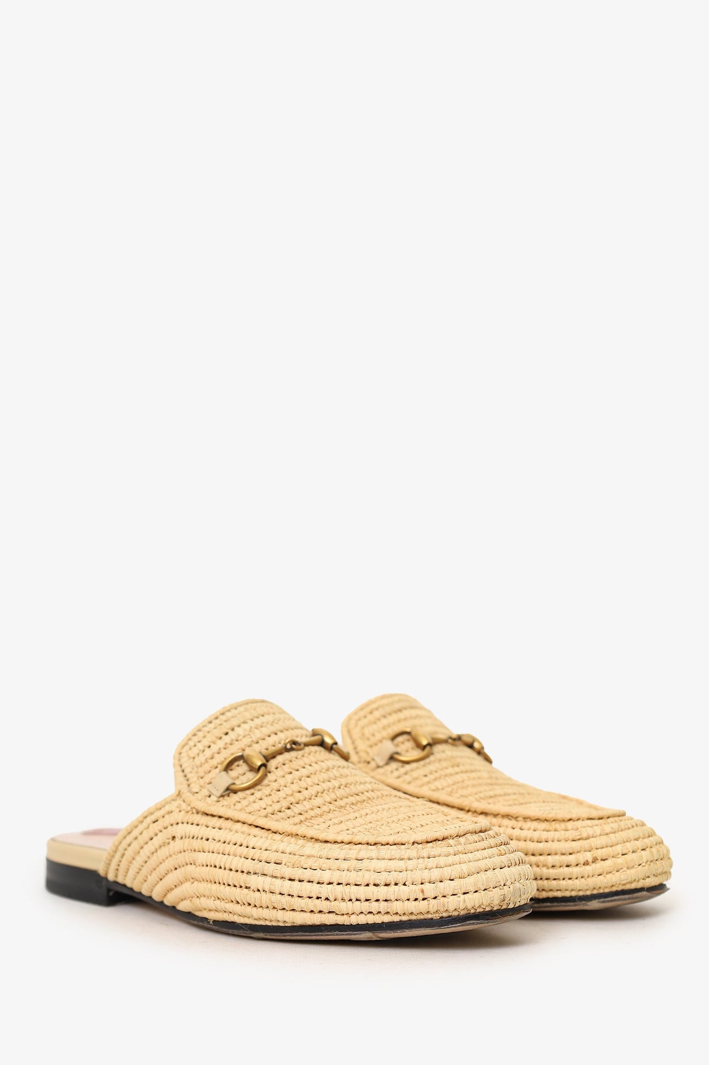 Gucci Beige Raffia Princetown Horsebit Mules Size 36.5
