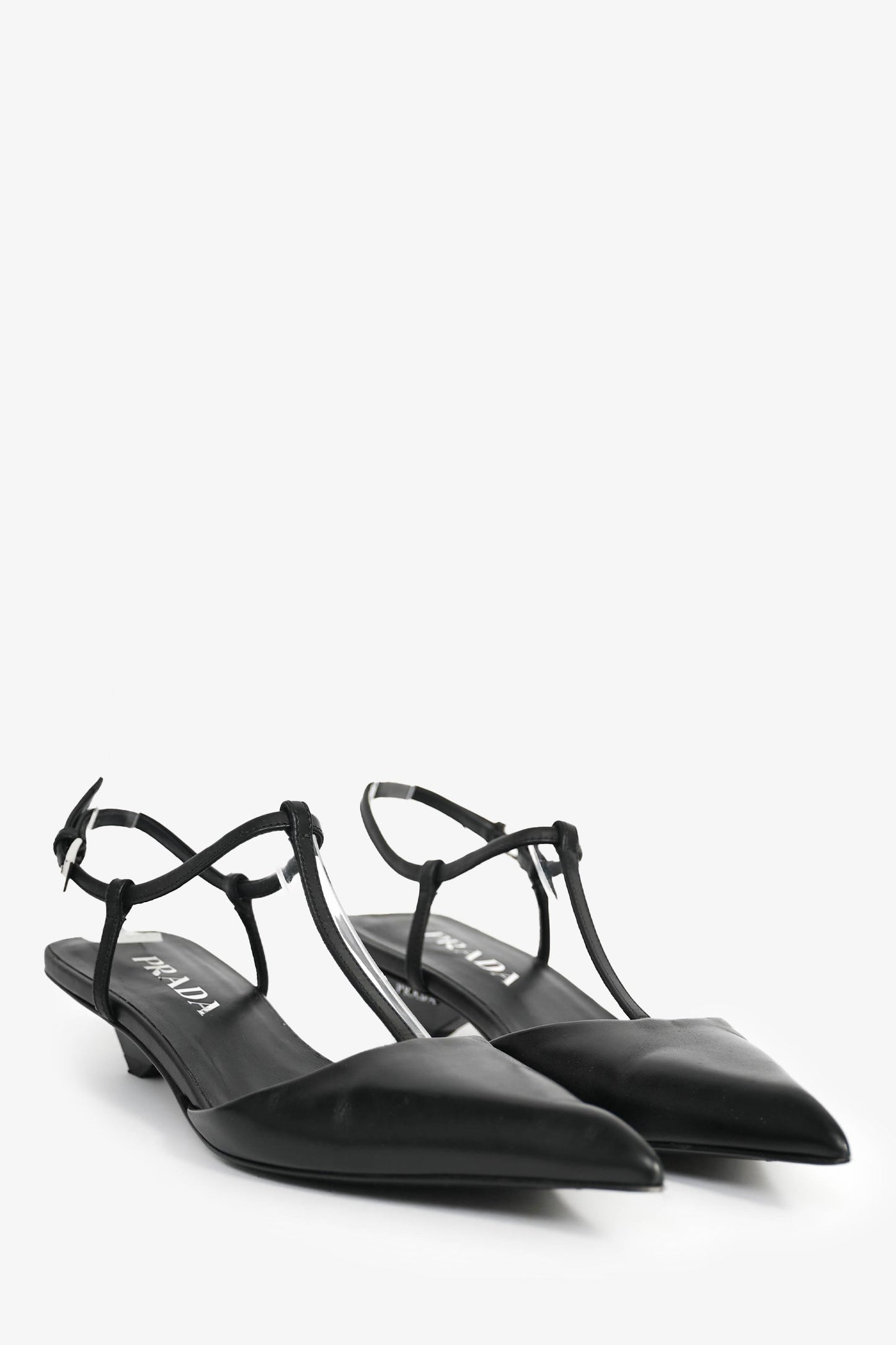 Prada Black Leather Pointed Toe T-Strap Ballerina Pumps Size 35.5