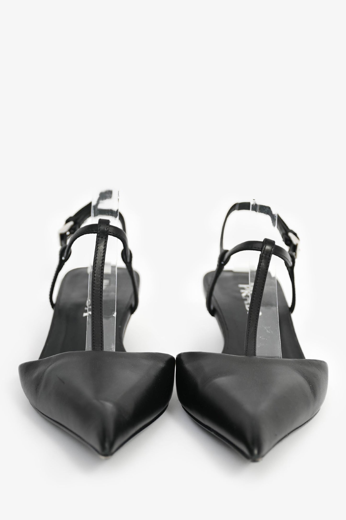 Prada Black Leather Pointed Toe T-Strap Ballerina Pumps Size 35.5