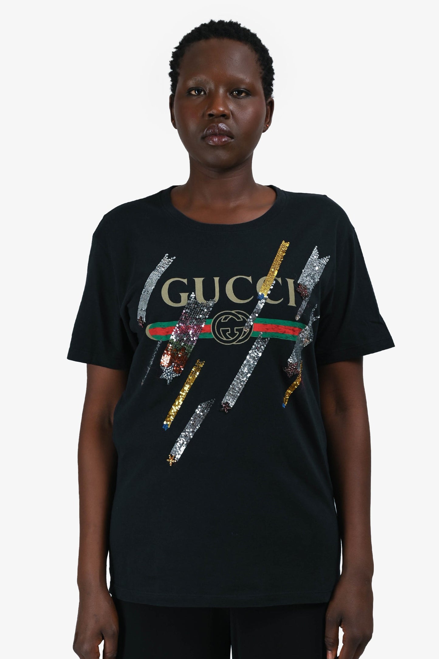 Gucci Black Logo Sequin T-Shirt Estimated Size M