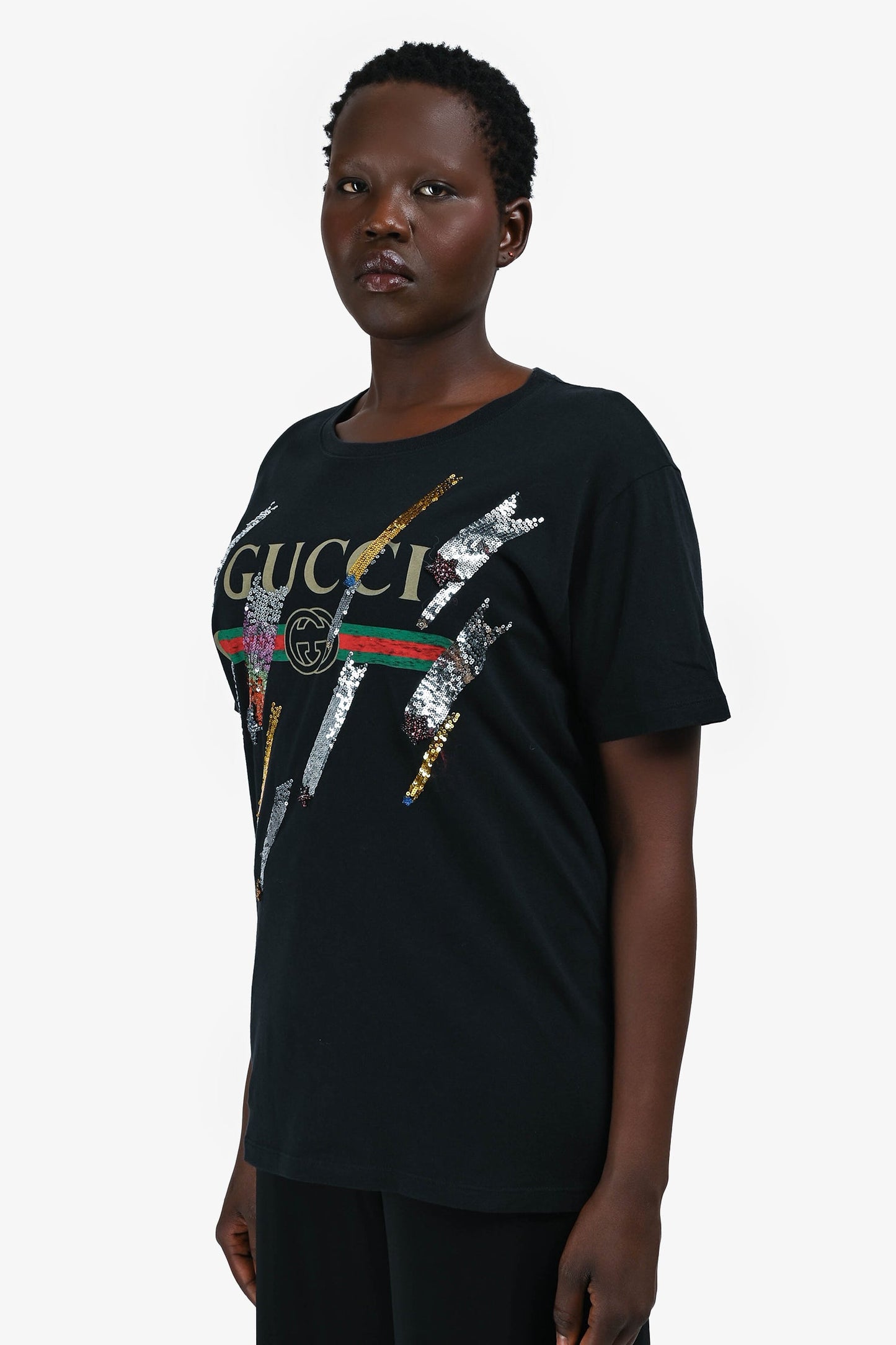 Gucci Black Logo Sequin T-Shirt Estimated Size M