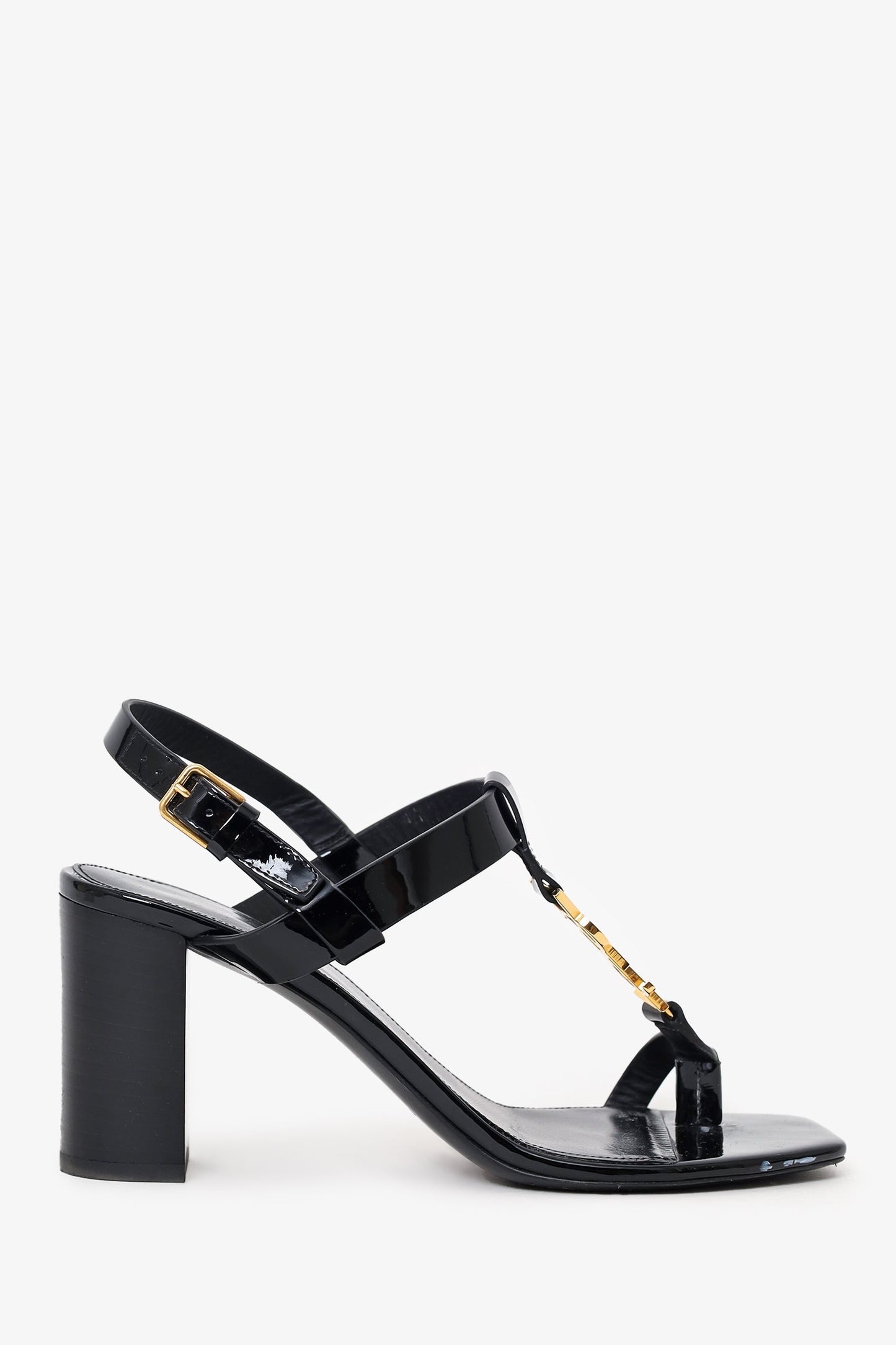 Saint Laurent Black Patent Cassandra Logo Heel Sandals Size 37