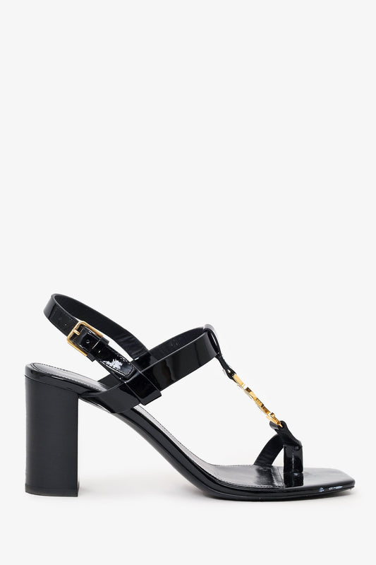 Saint Laurent Black Patent Cassandra Logo Heel Sandals Size 37