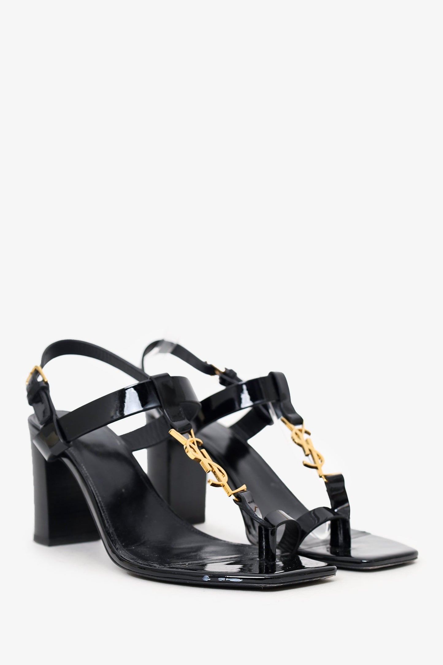 Saint Laurent Black Patent Cassandra Logo Heel Sandals Size 37
