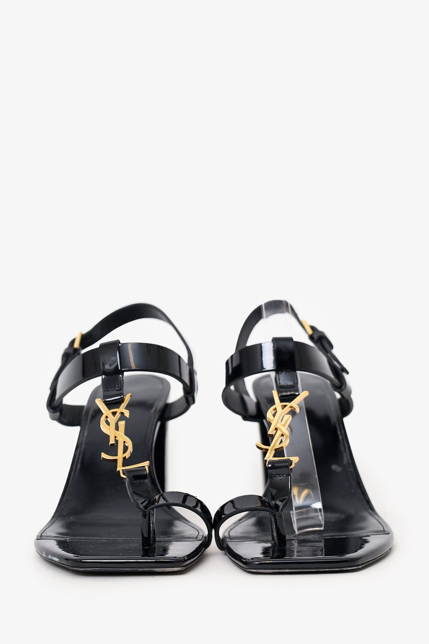 Saint Laurent Black Patent Cassandra Logo Heel Sandals Size 37