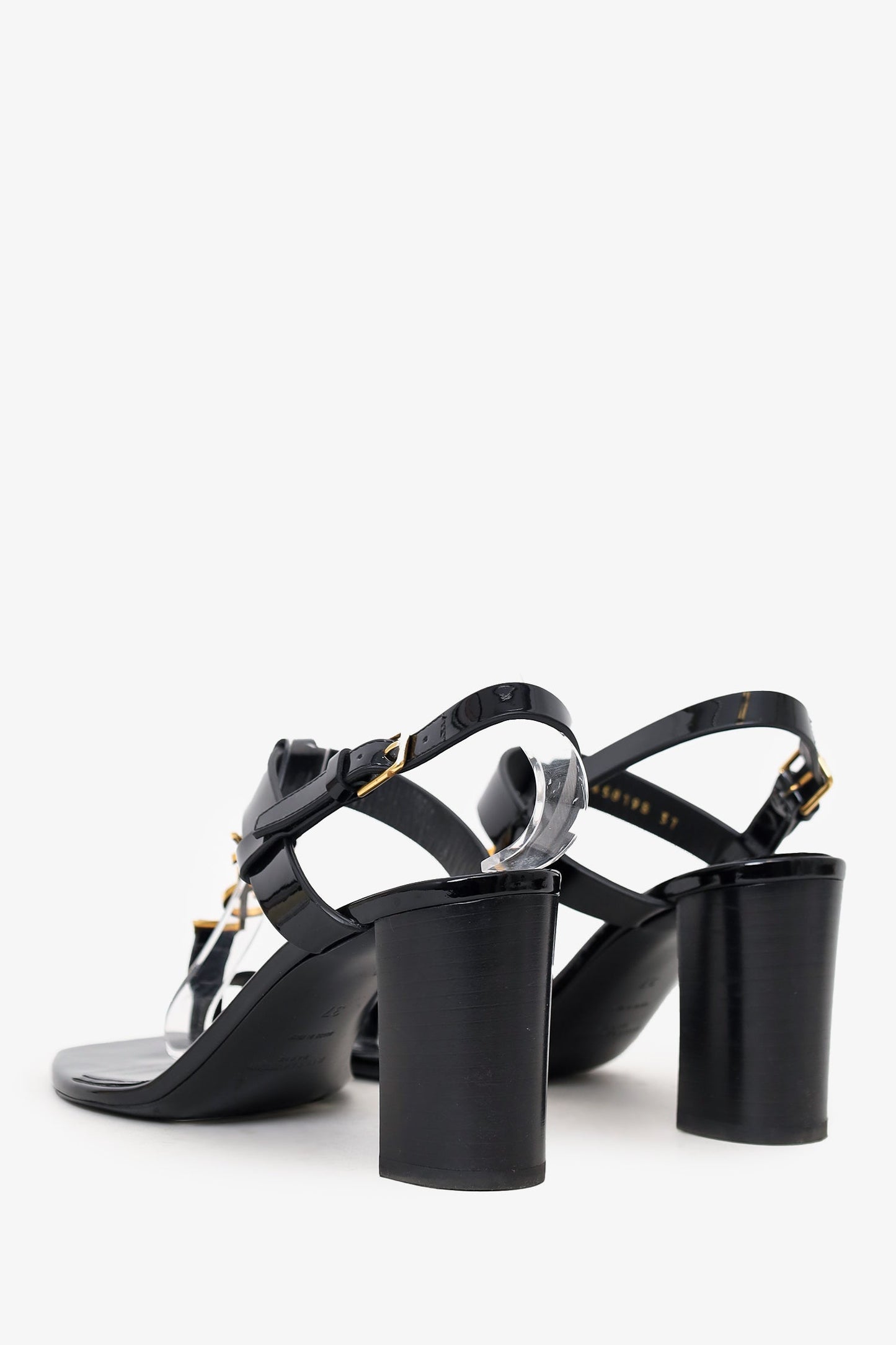 Saint Laurent Black Patent Cassandra Logo Heel Sandals Size 37