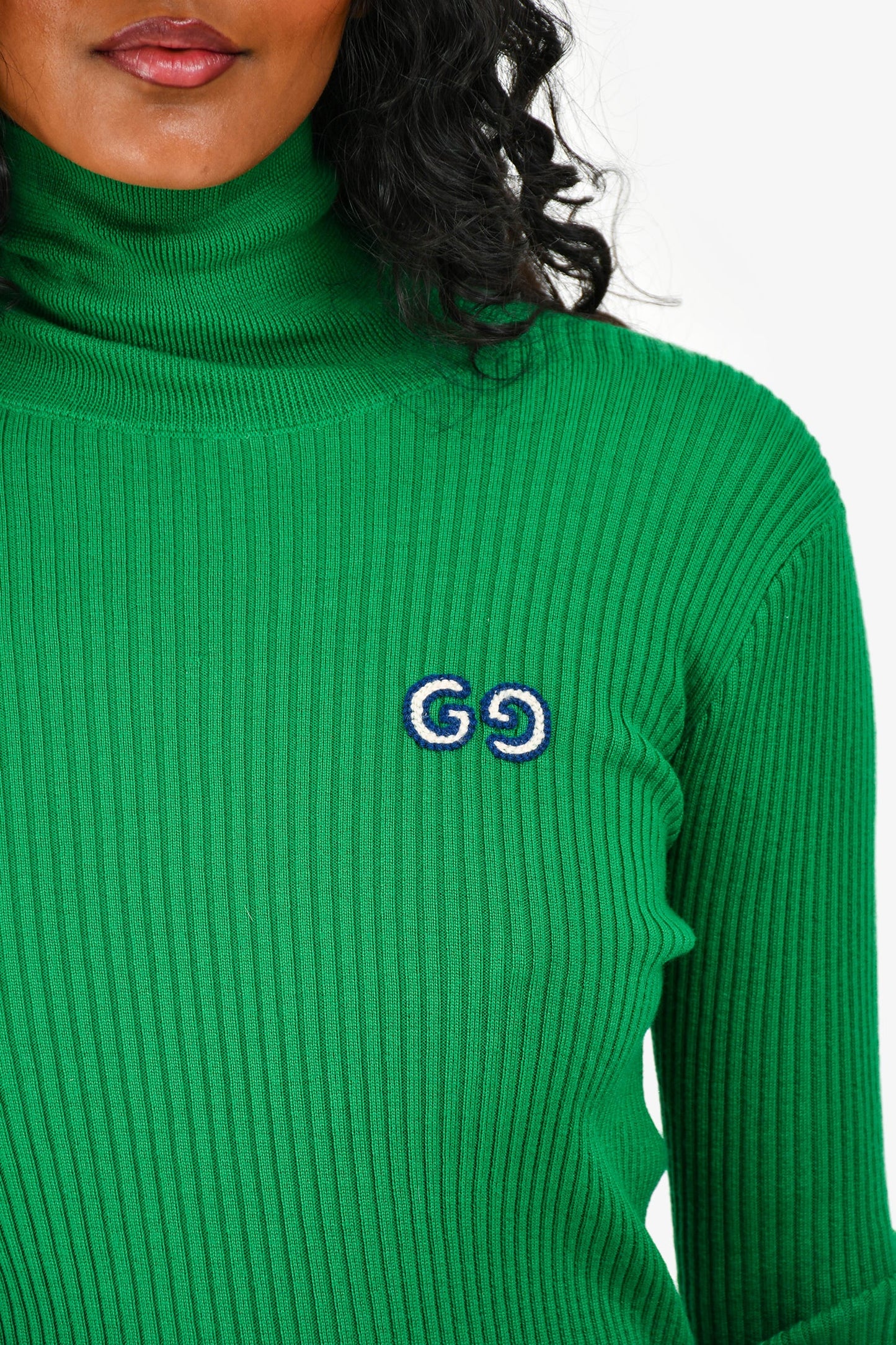 Gucci Green Ribbed Knit Logo Embroidered Turtle Neck Sweater Size 12