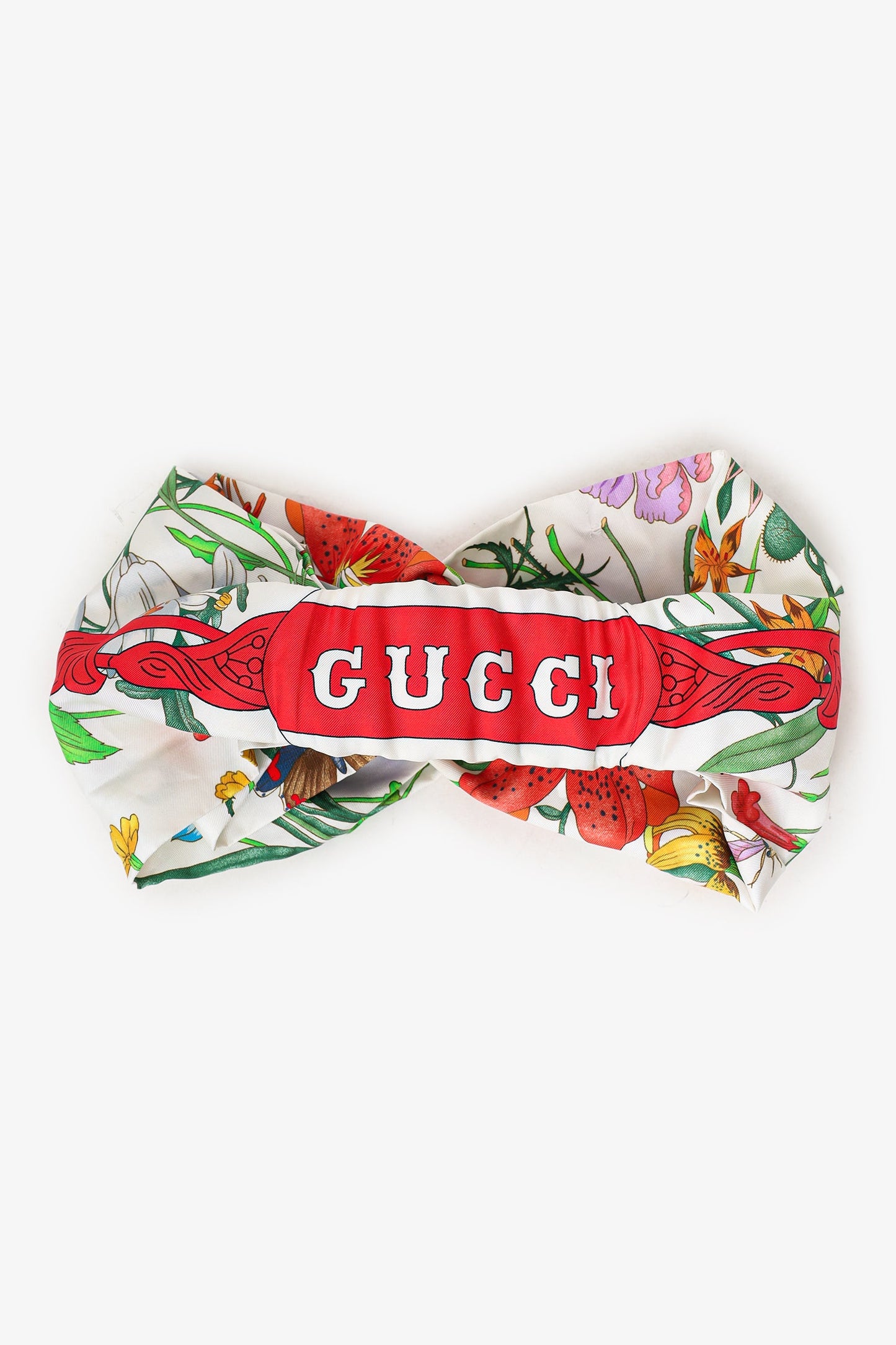 Gucci White/Multicolor Silk Flora Fauna Print Red Logo Headband