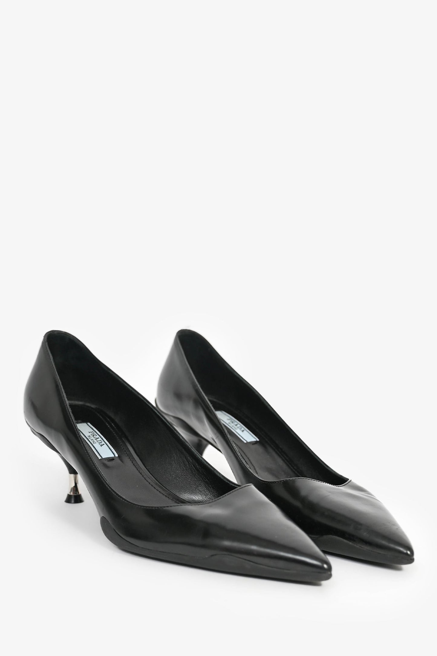 Prada Black Leather /Rubber Pointed Kitten Heels Size 37.5