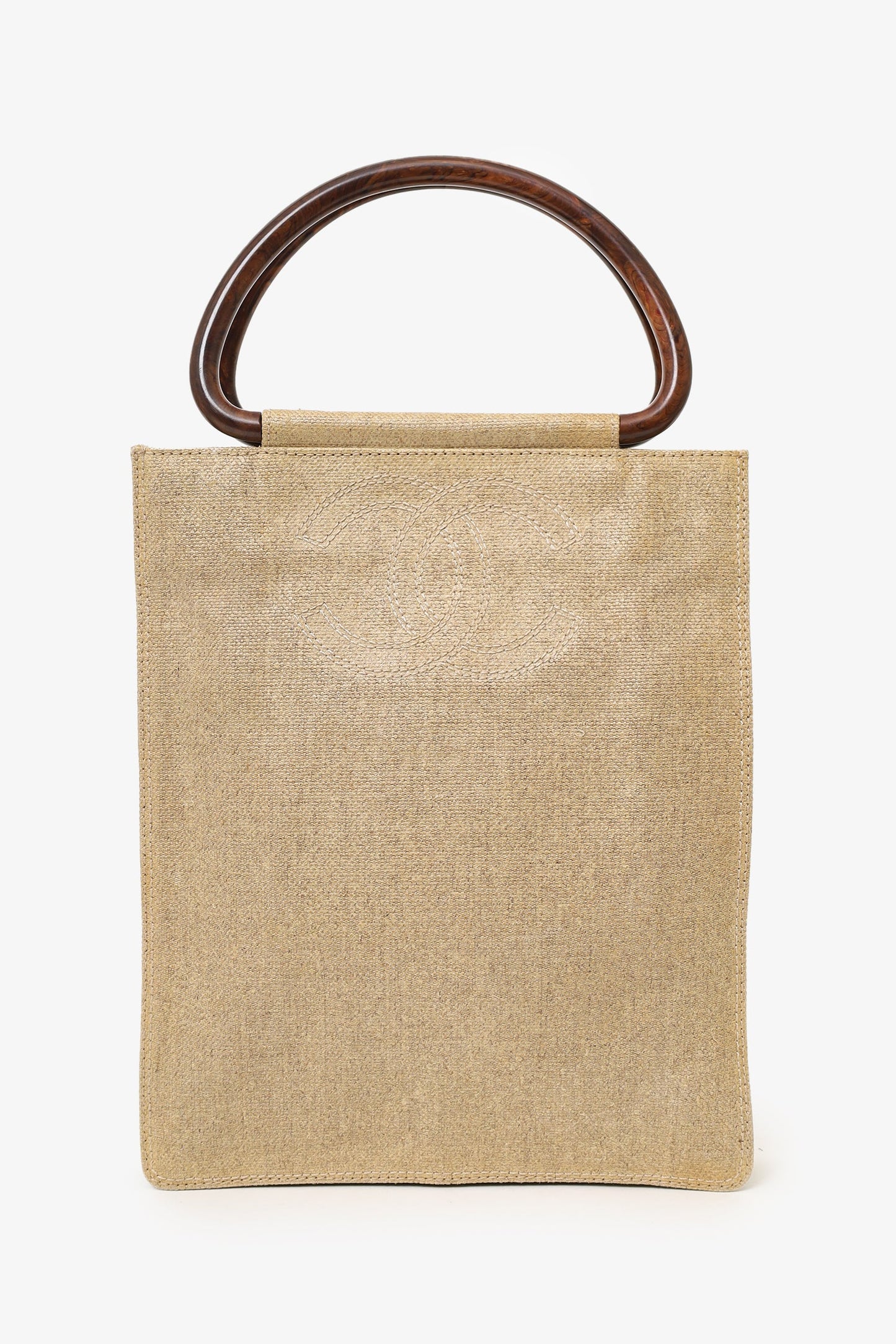 Chanel™ 2000-02 Beige CC Stitched Woven Linen Wood Handle Tote Bag
