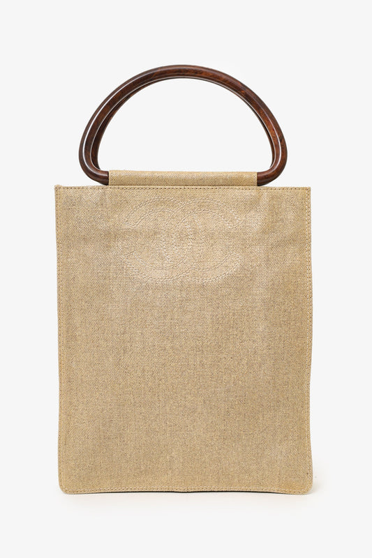 Chanel™ 2000-02 Beige CC Stitched Woven Linen Wood Handle Tote Bag