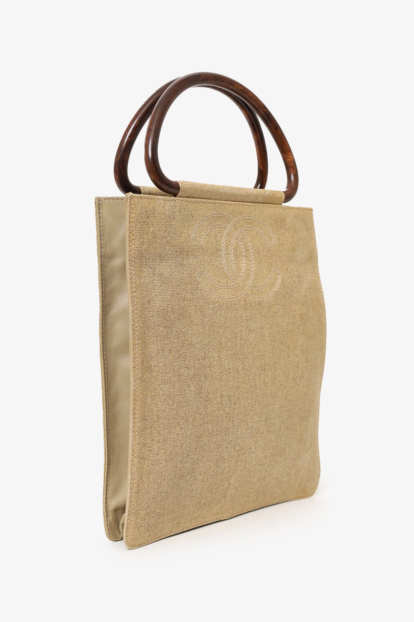 Chanel™ 2000-02 Beige CC Stitched Woven Linen Wood Handle Tote Bag