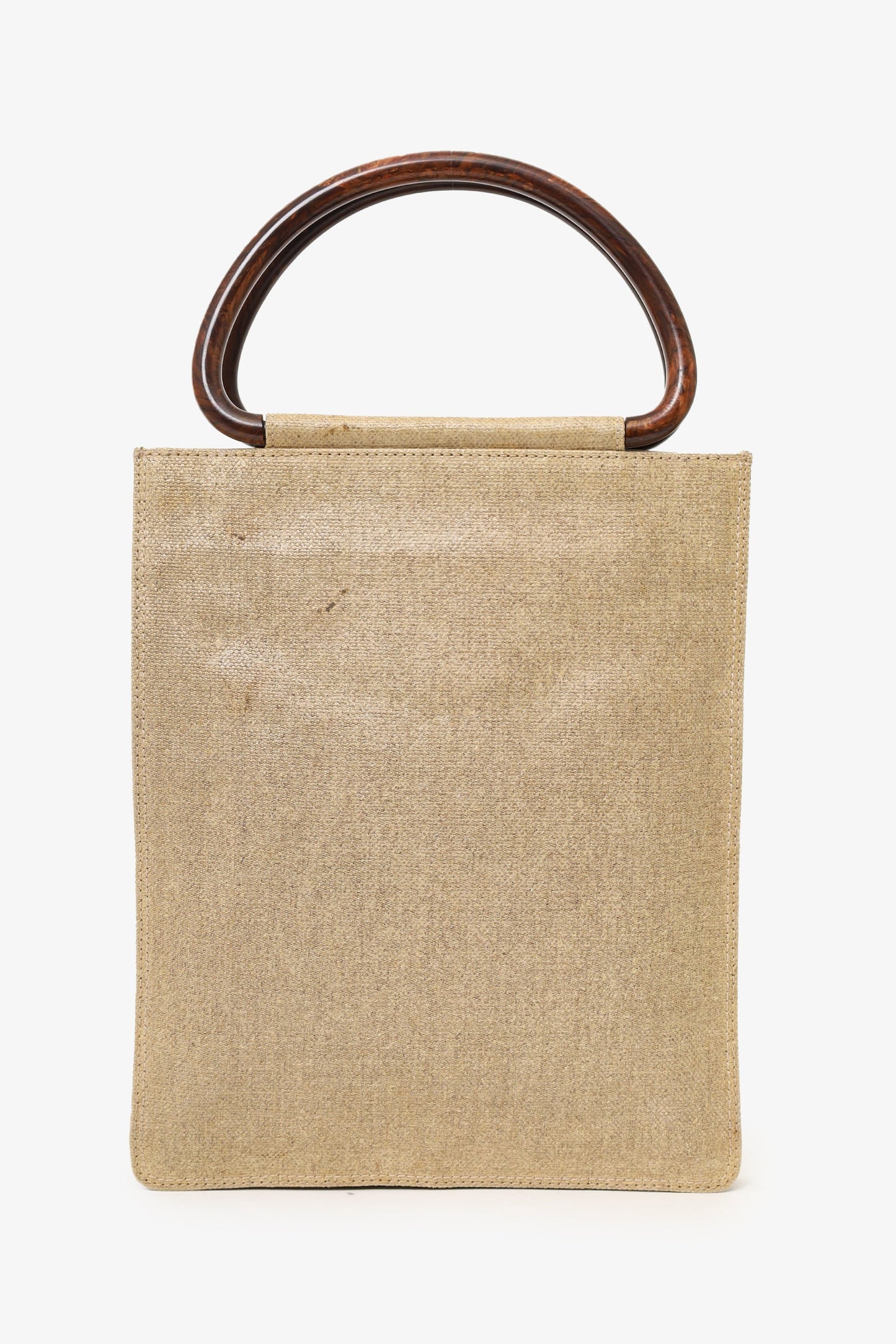 Chanel™ 2000-02 Beige CC Stitched Woven Linen Wood Handle Tote Bag