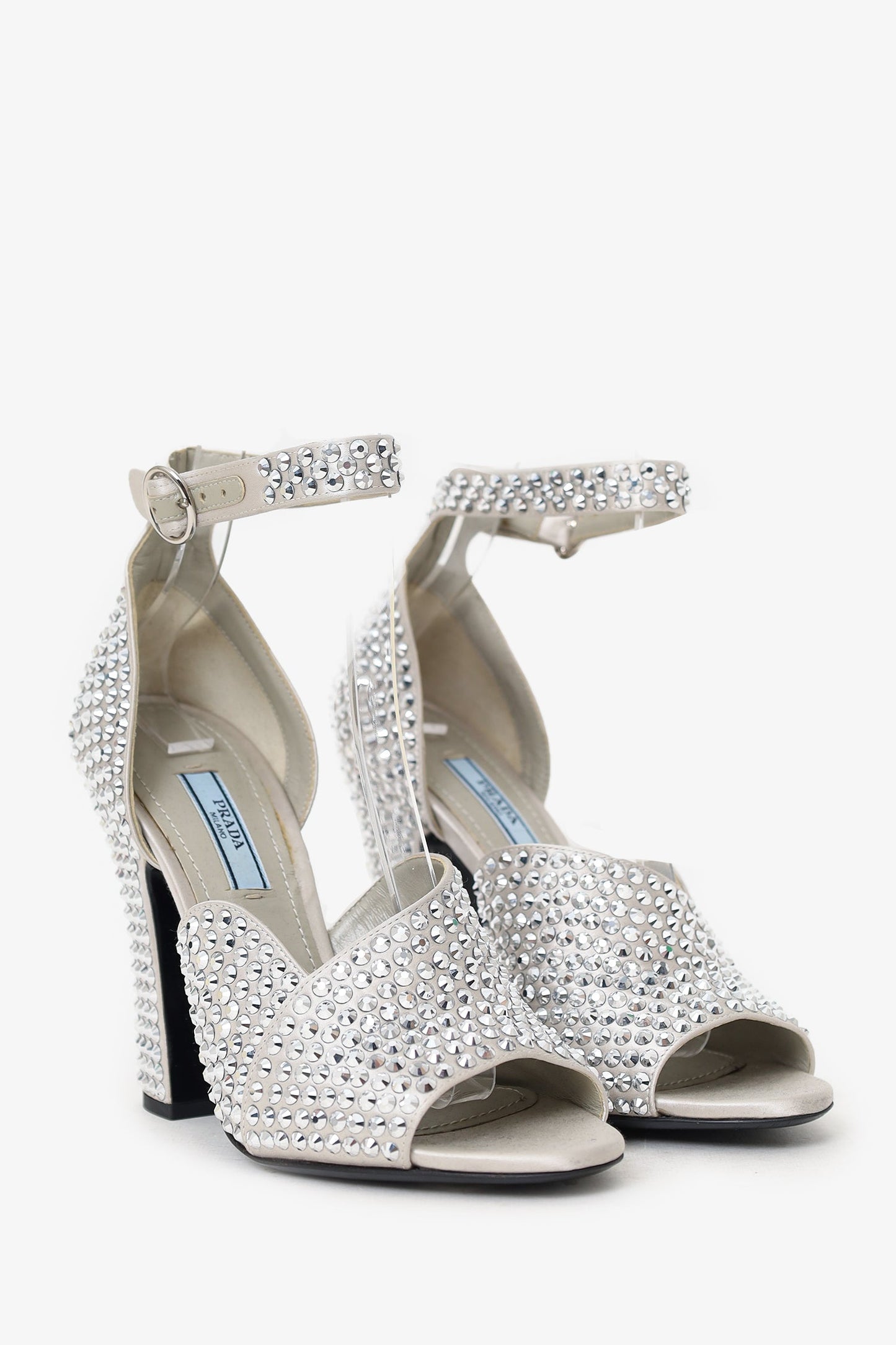 Prada Metallic Silver Crystal Embellished Strappy Heeled Sandals Size 35.5