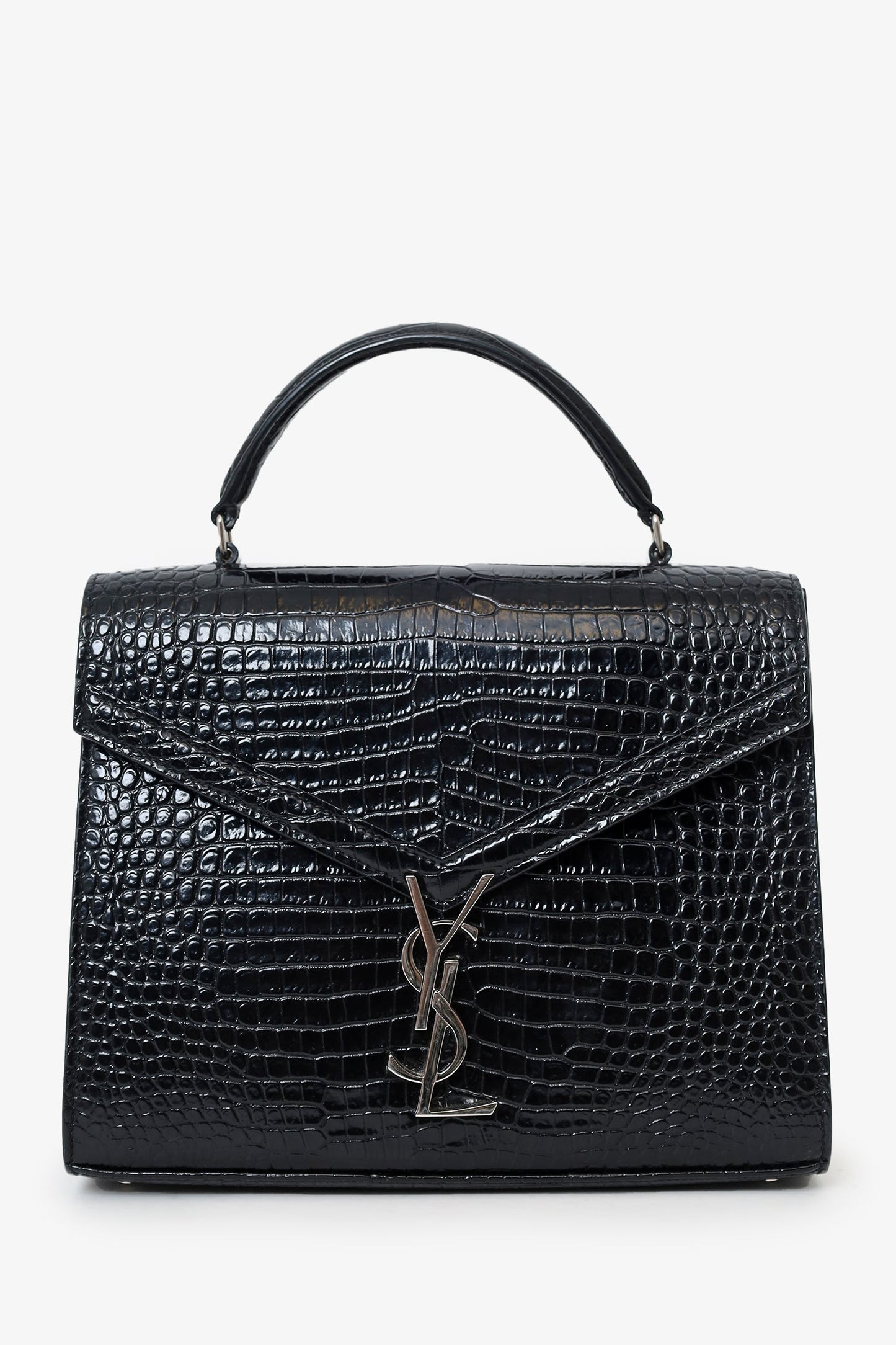 Saint Laurent 2019 Black Croc Embossed Medium Cassandre Top Handle with Strap