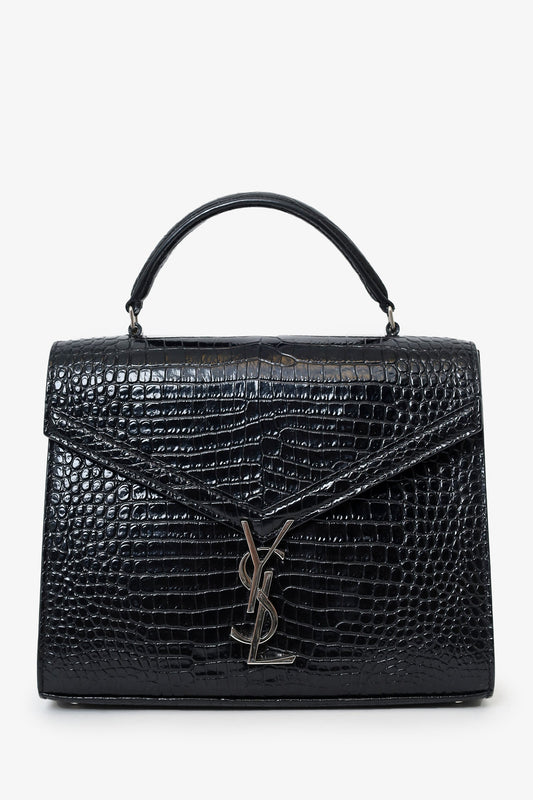 Saint Laurent 2019 Black Croc Embossed Medium Cassandre Top Handle with Strap