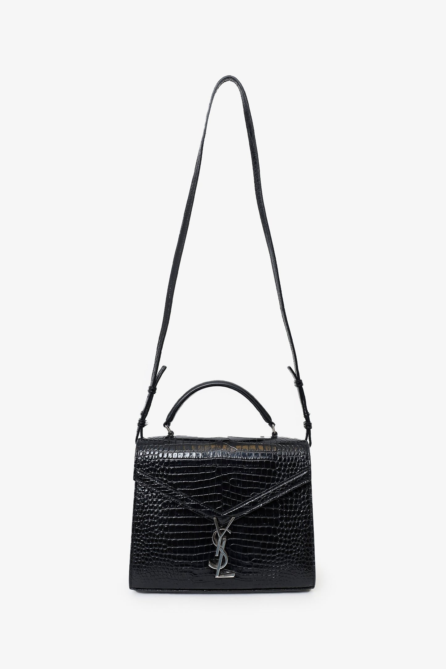 Saint Laurent 2019 Black Croc Embossed Medium Cassandre Top Handle with Strap