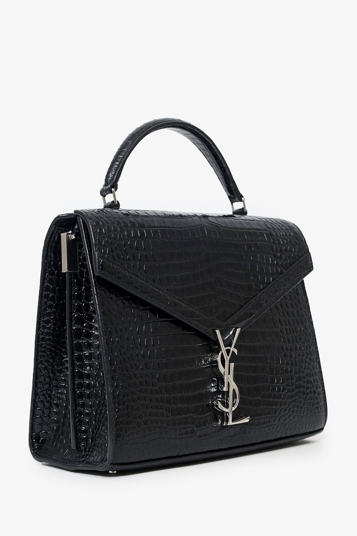 Saint Laurent 2019 Black Croc Embossed Medium Cassandre Top Handle with Strap