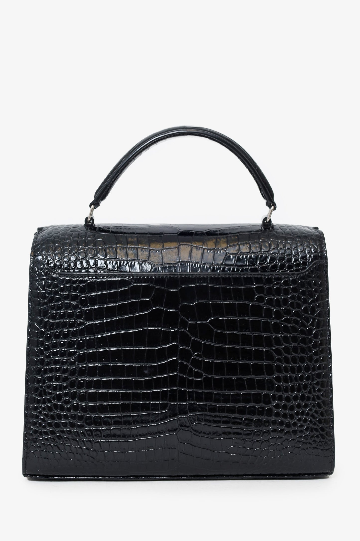 Saint Laurent 2019 Black Croc Embossed Medium Cassandre Top Handle with Strap