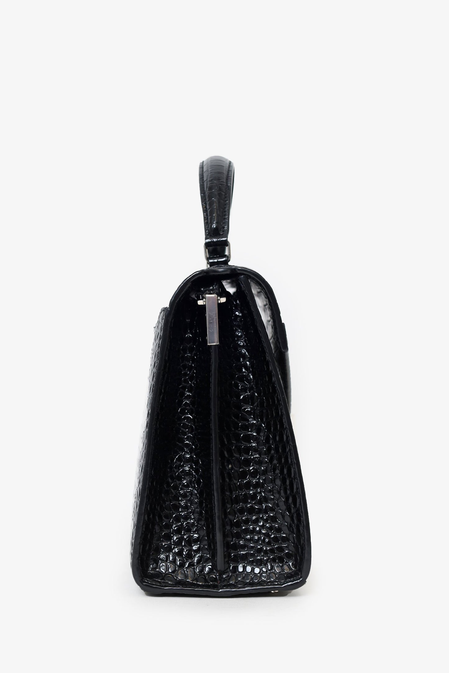 Saint Laurent 2019 Black Croc Embossed Medium Cassandre Top Handle with Strap