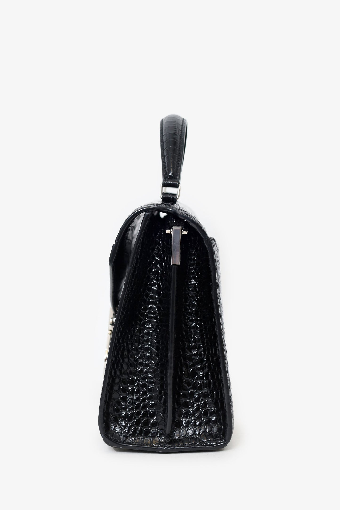Saint Laurent 2019 Black Croc Embossed Medium Cassandre Top Handle with Strap