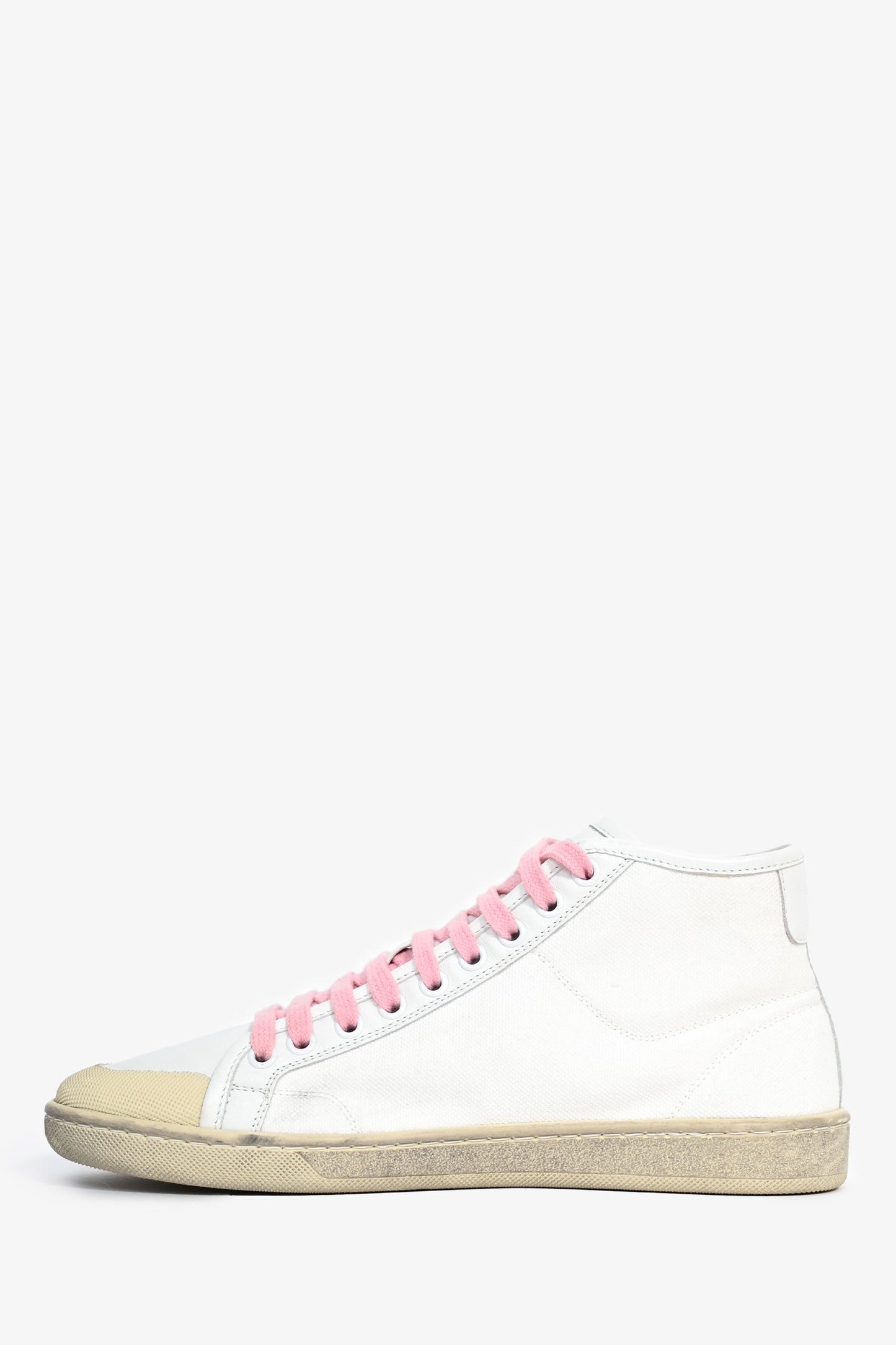 Saint Laurent White Canvas/Leather Pink Lace Mid Top Sneakers Size 37