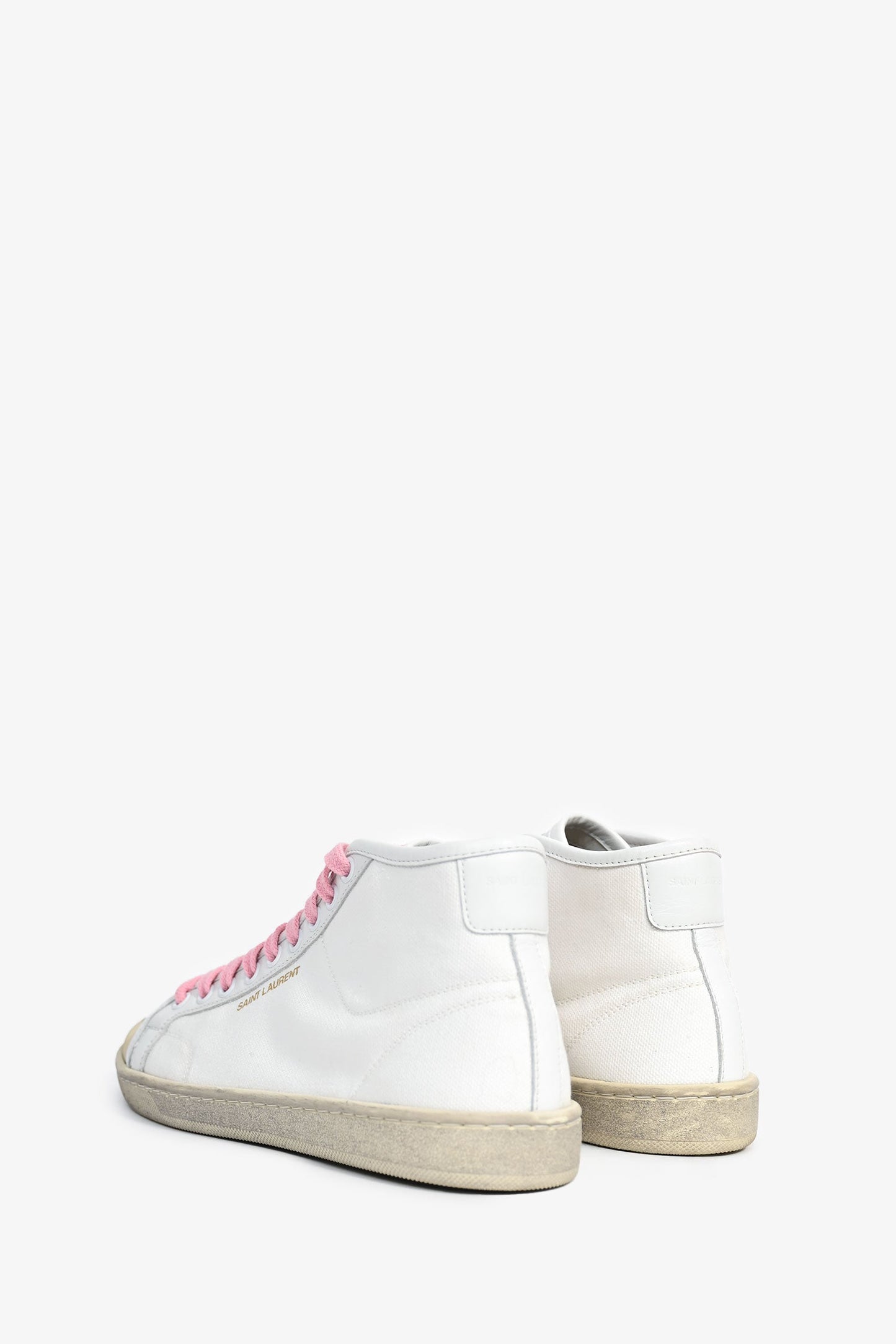 Saint Laurent White Canvas/Leather Pink Lace Mid Top Sneakers Size 37