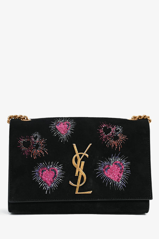 Saint Laurent 2018 Black Suede Glitter Heart Fireworks Print Kate Bag