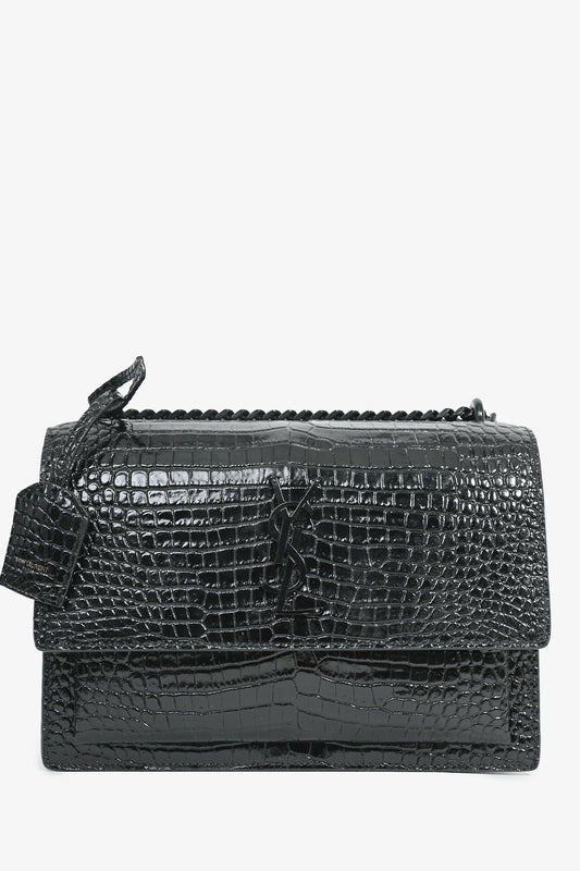 Saint Laurent Black Croc Embossed Sunset Medium Chain Shoulder Bag