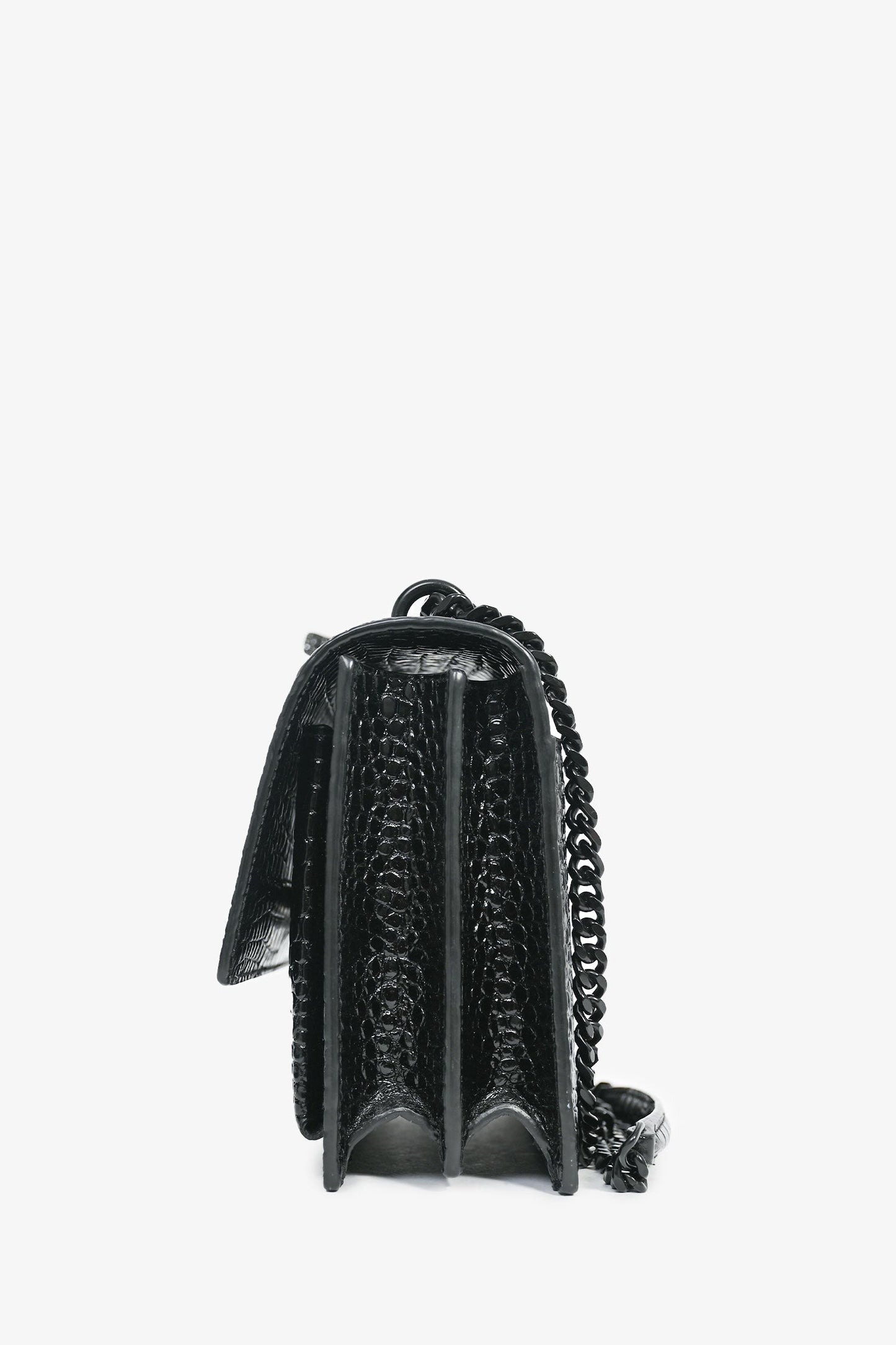 Saint Laurent Black Croc Embossed Sunset Medium Chain Shoulder Bag