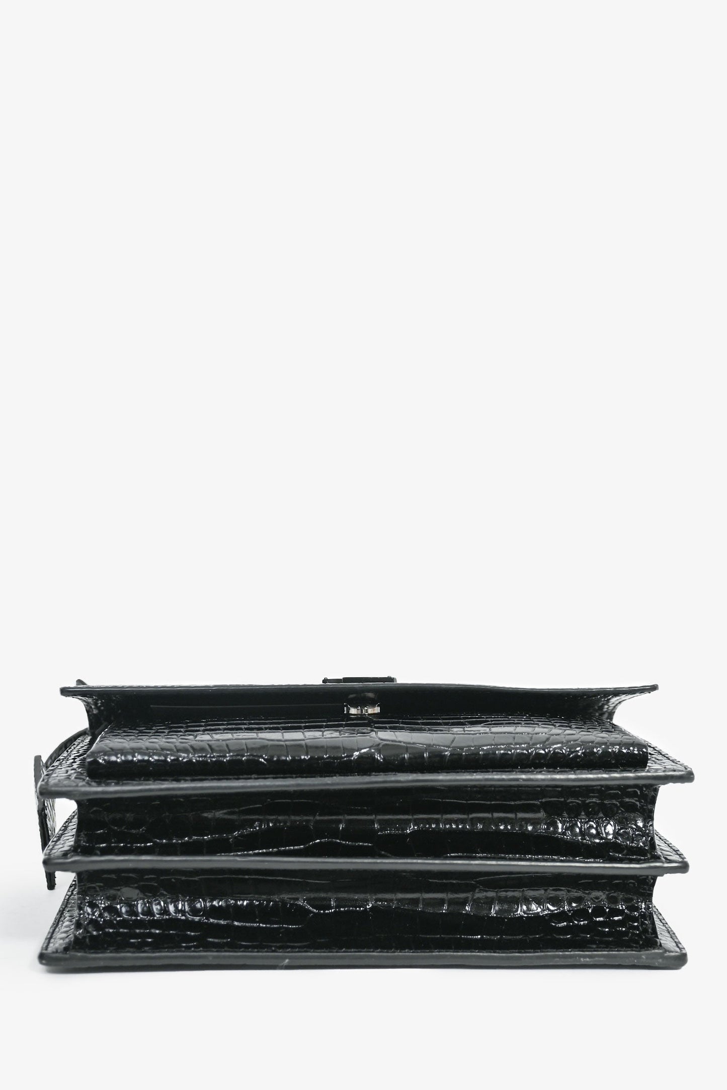 Saint Laurent Black Croc Embossed Sunset Medium Chain Shoulder Bag