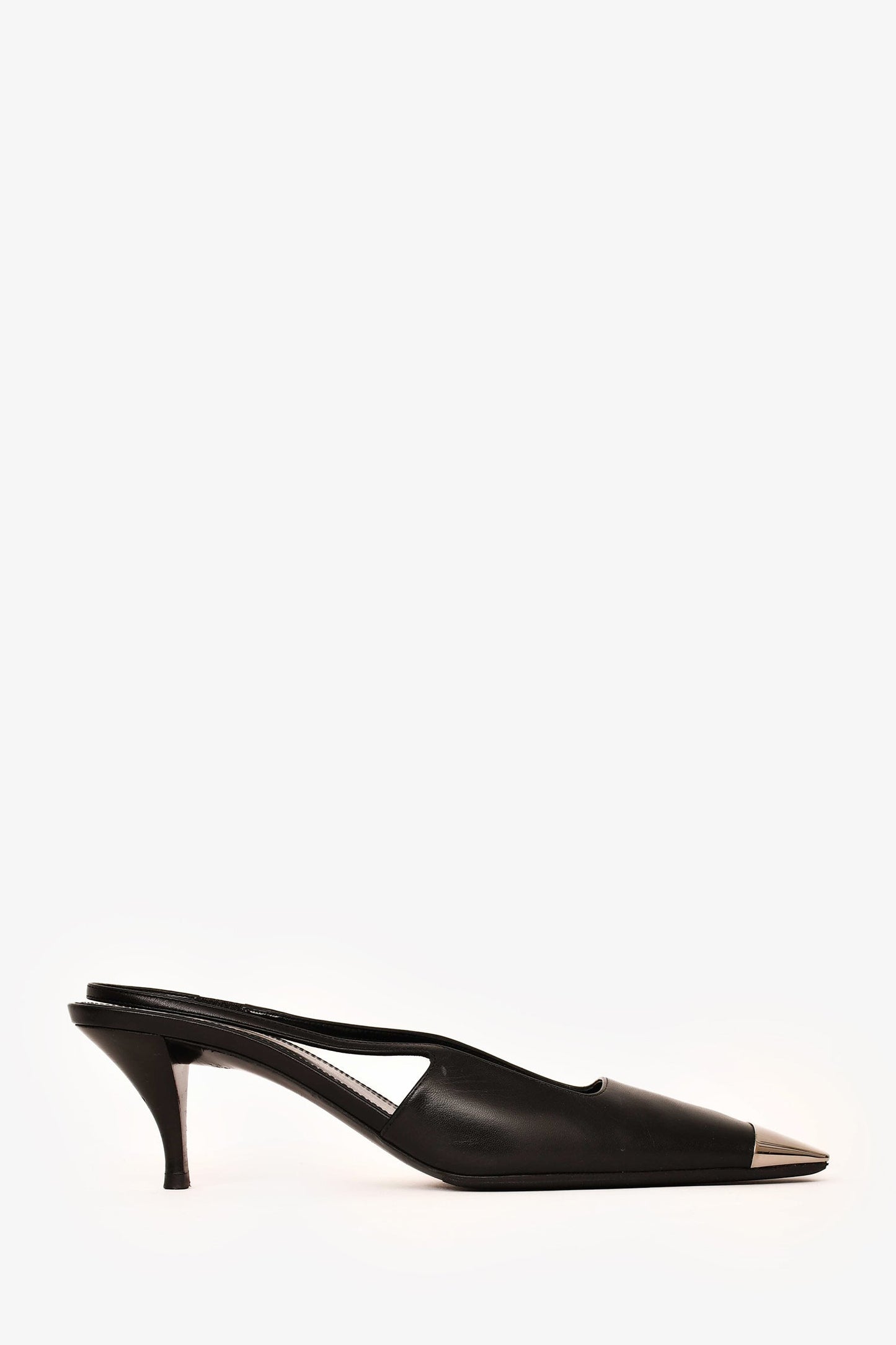 Saint Laurent Black Leather Metal Cap Toe Blade 60 Slingbacks Size 36.5