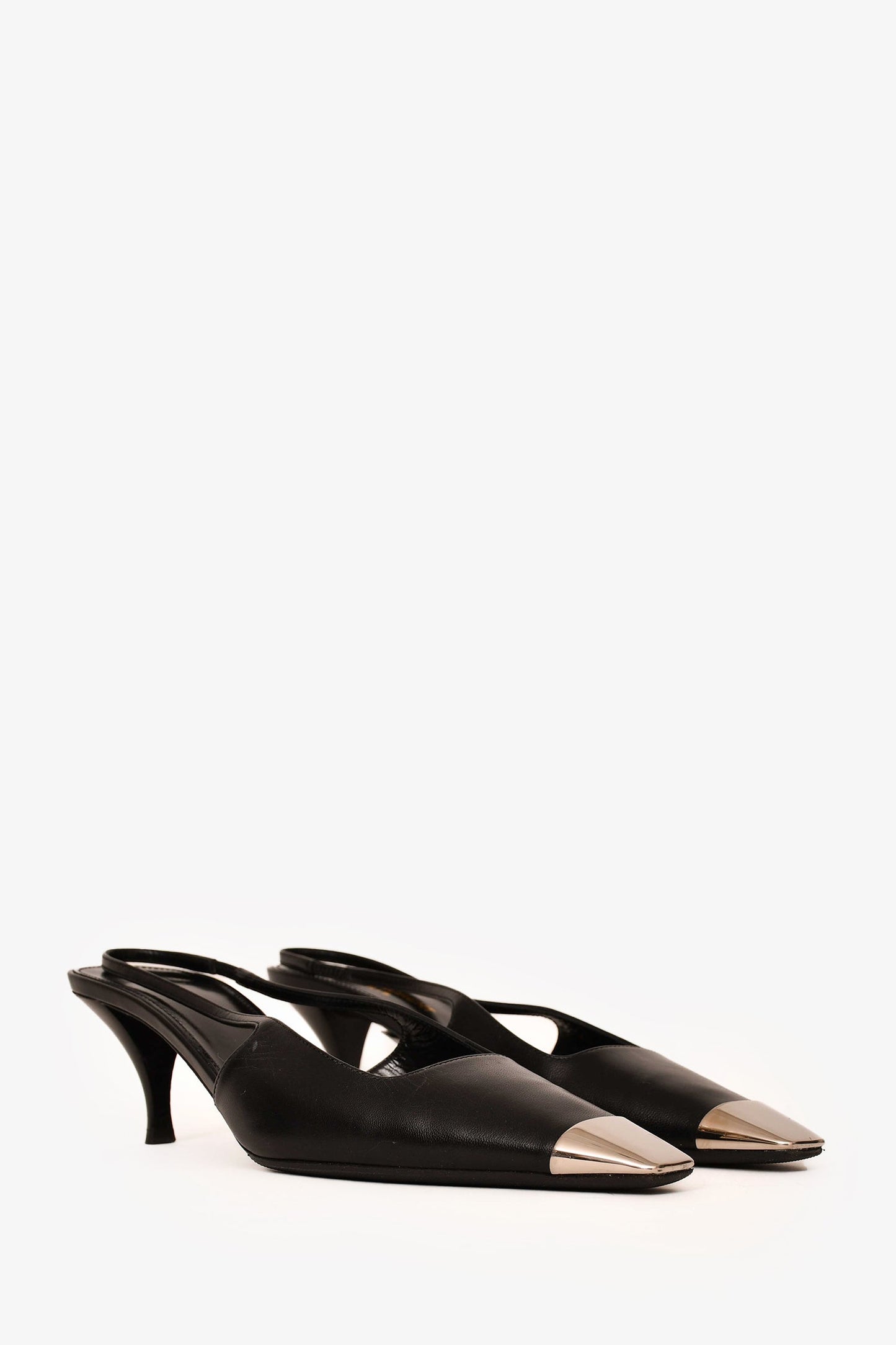 Saint Laurent Black Leather Metal Cap Toe Blade 60 Slingbacks Size 36.5