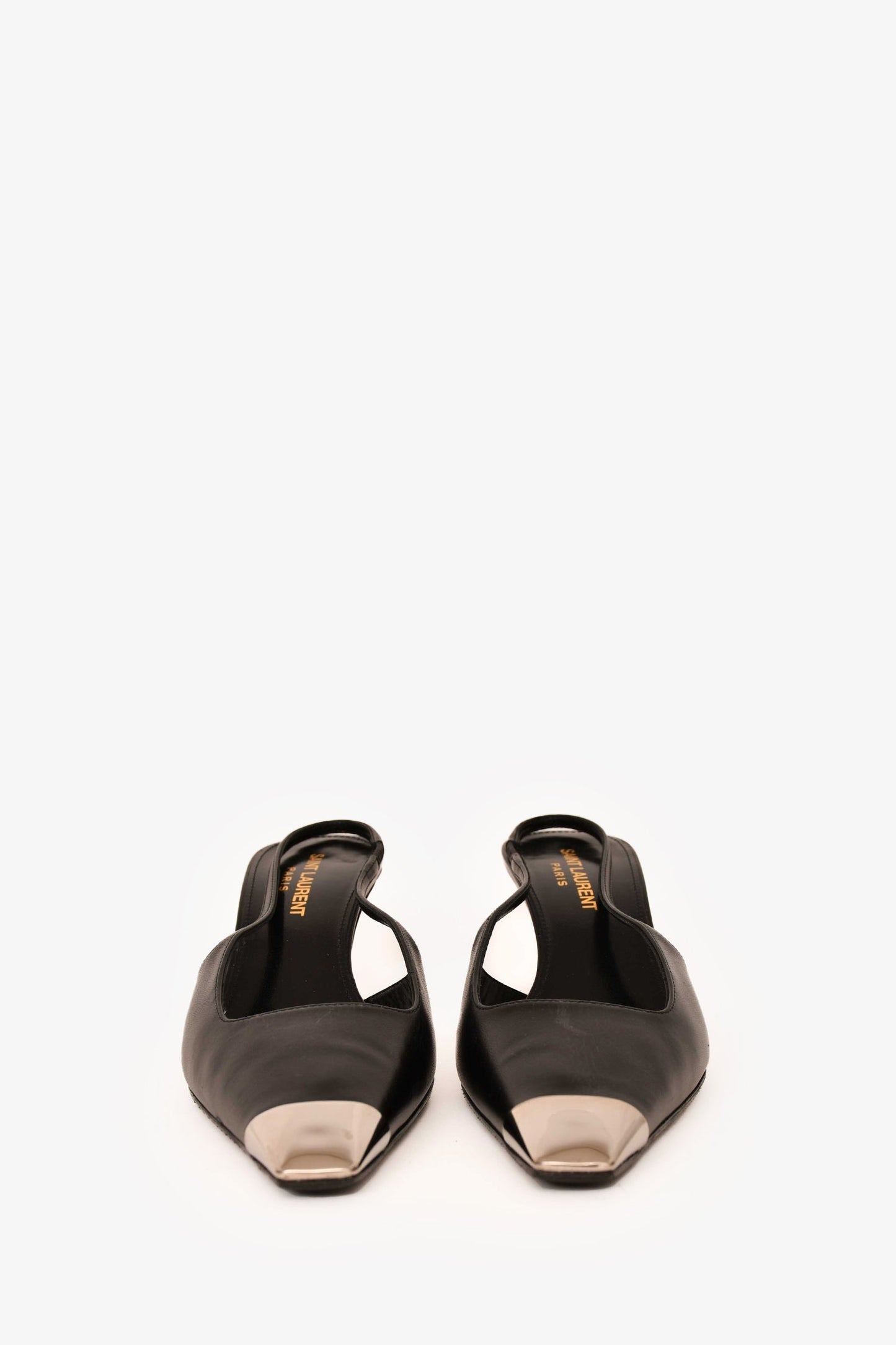 Saint Laurent Black Leather Metal Cap Toe Blade 60 Slingbacks Size 36.5
