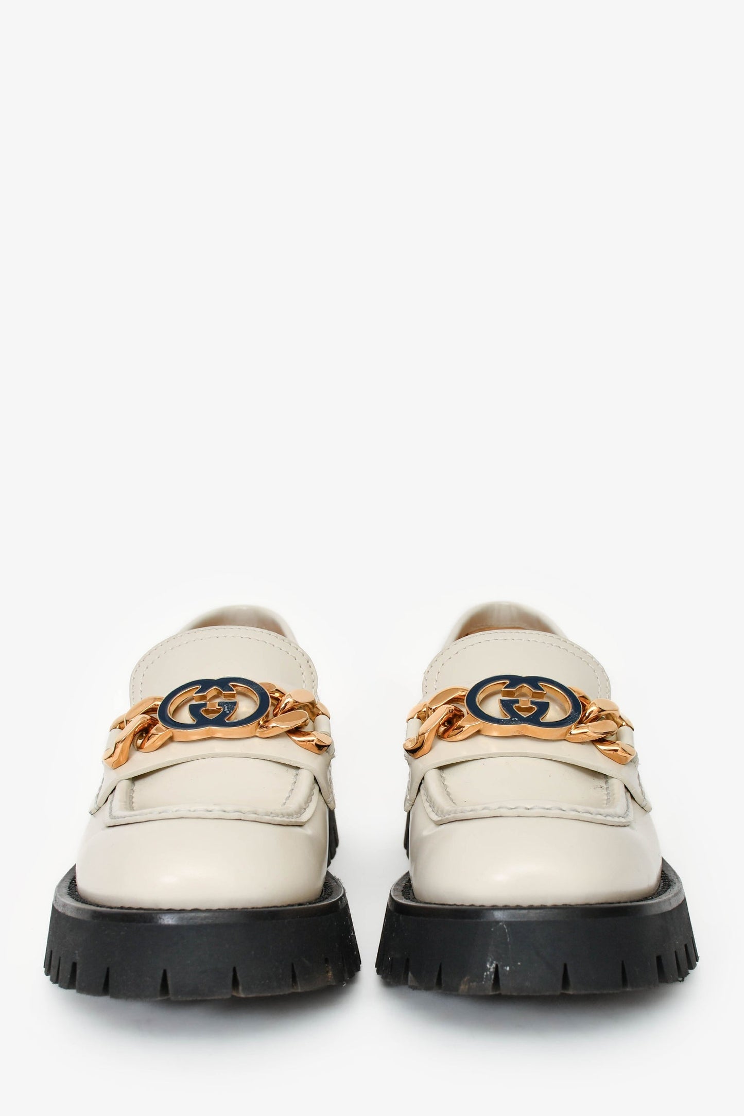 Gucci White Leather GG Chain Embellished Platform Loafers Size 38.5