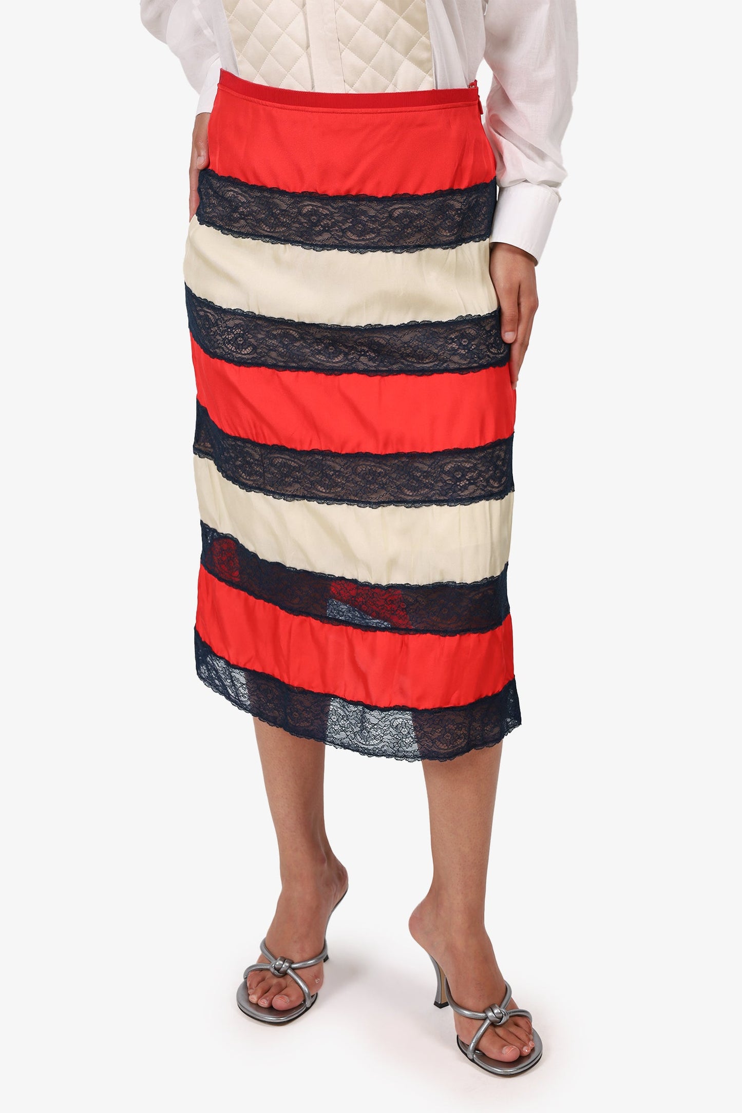 Gucci Red/Cream Silk/Lace Tiered Midi Skirt Size 40