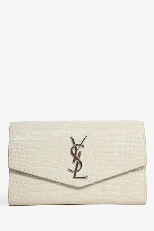 Saint Laurent 2020 Cream Croc Embossed Envelope Wallet On Chain with Card Holder