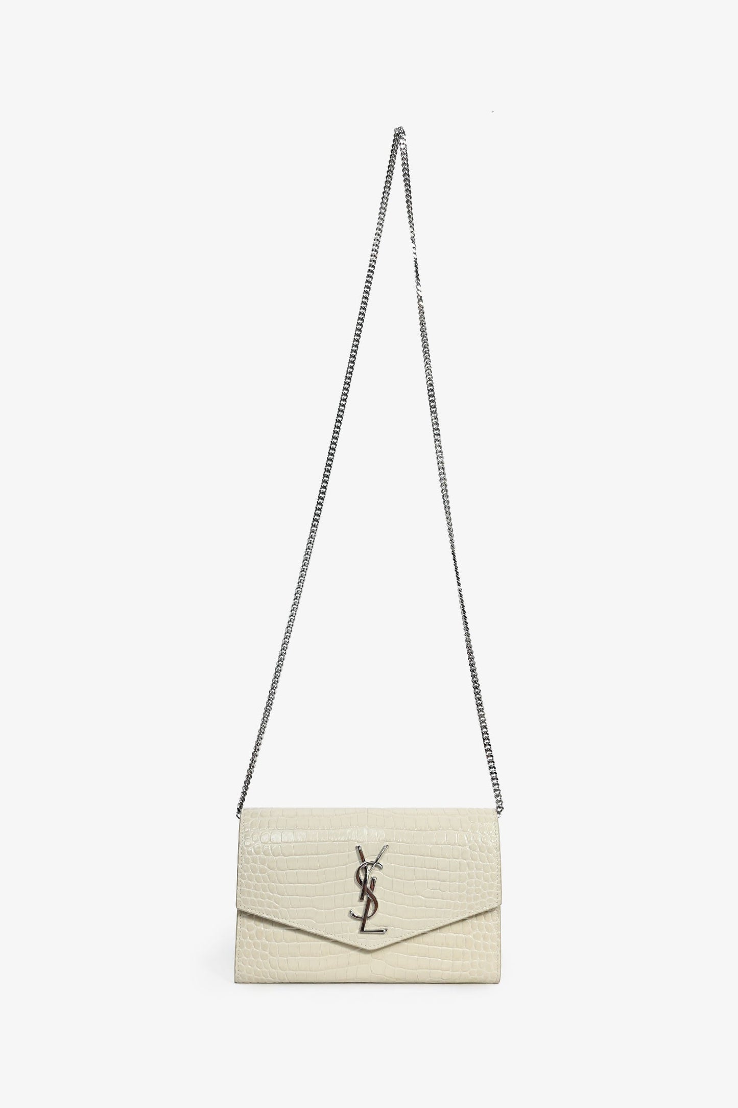 Saint Laurent 2020 Cream Croc Embossed Envelope Wallet On Chain with Card Holder