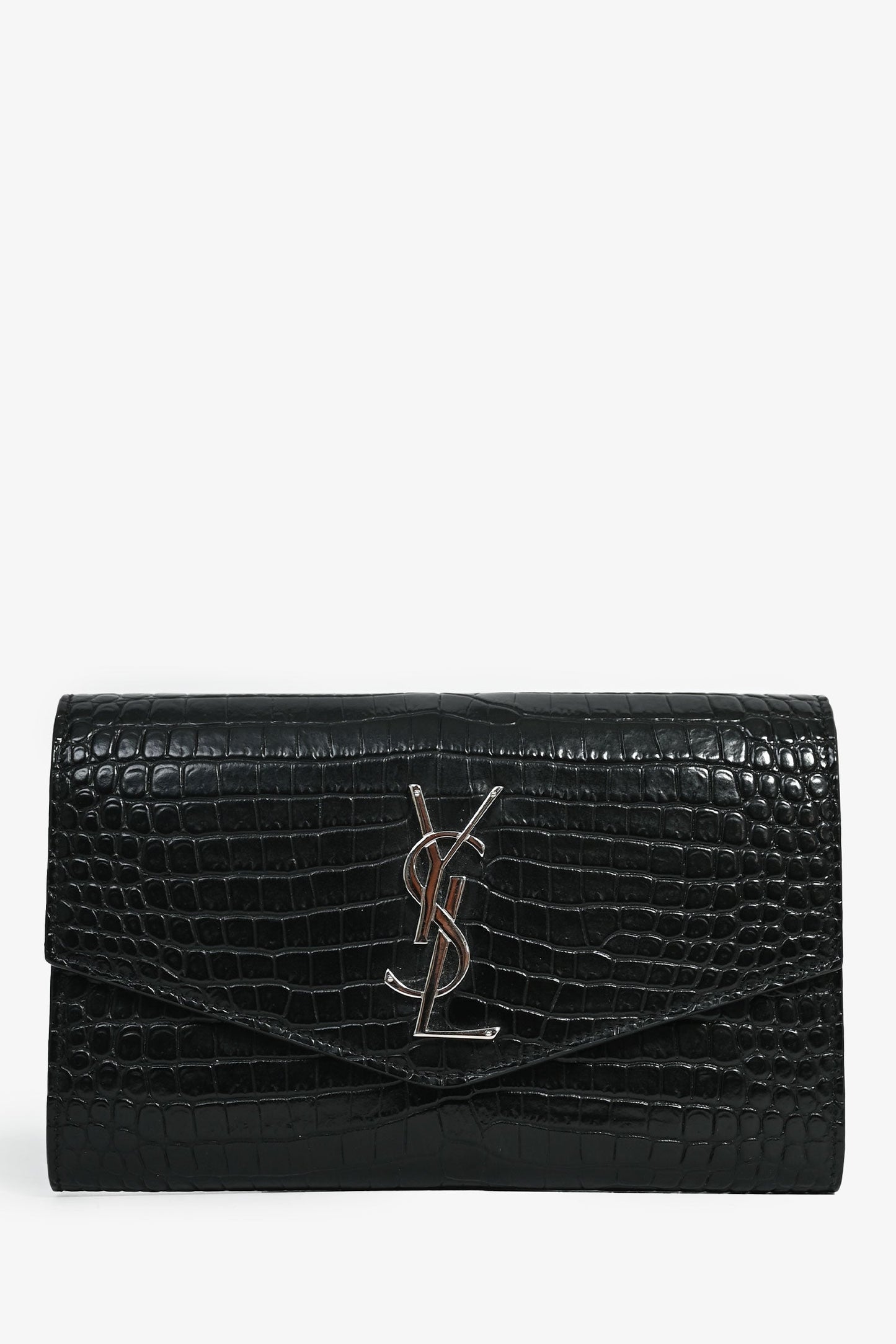 Saint Laurent 2020 Black Croc Embossed Envelope Wallet On Chain with Card Holder