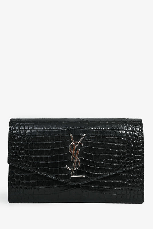 Saint Laurent 2020 Black Croc Embossed Envelope Wallet On Chain with Card Holder