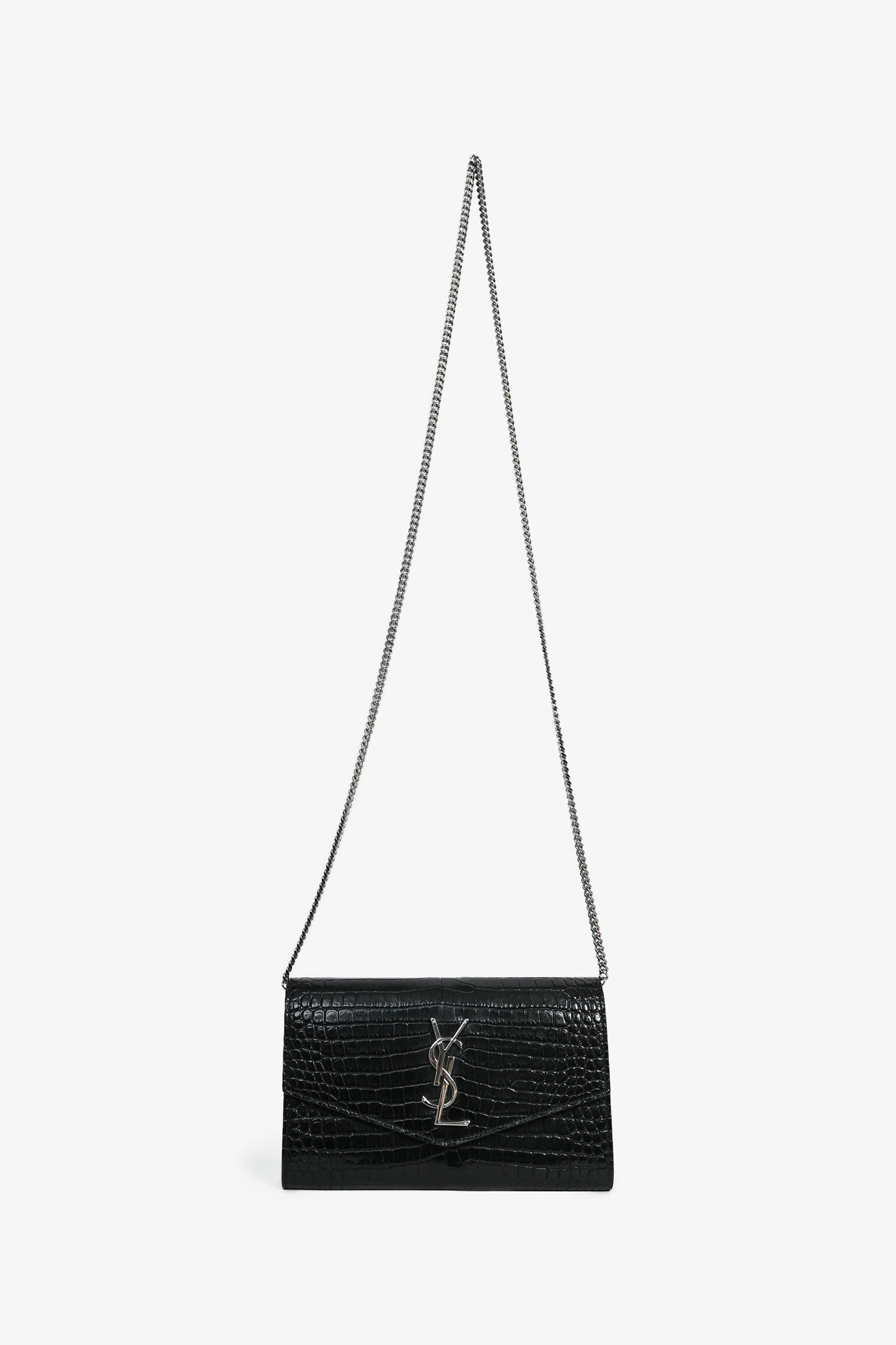 Saint Laurent 2020 Black Croc Embossed Envelope Wallet On Chain with Card Holder