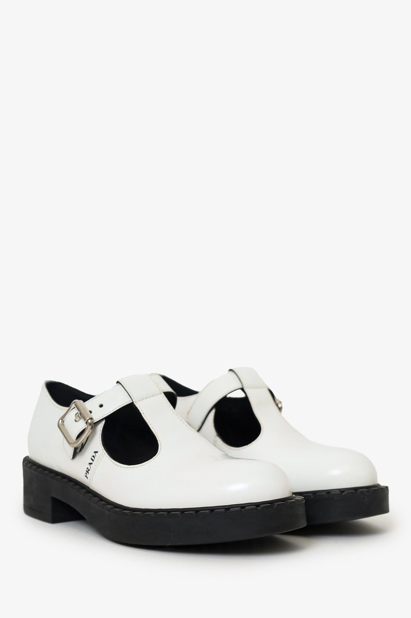 Prada White Leather Mary Jane Shoes Size 37.5