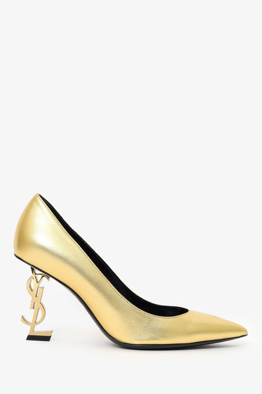 Saint Laurent Gold Metallic Pointed Opyum Heels Size 38